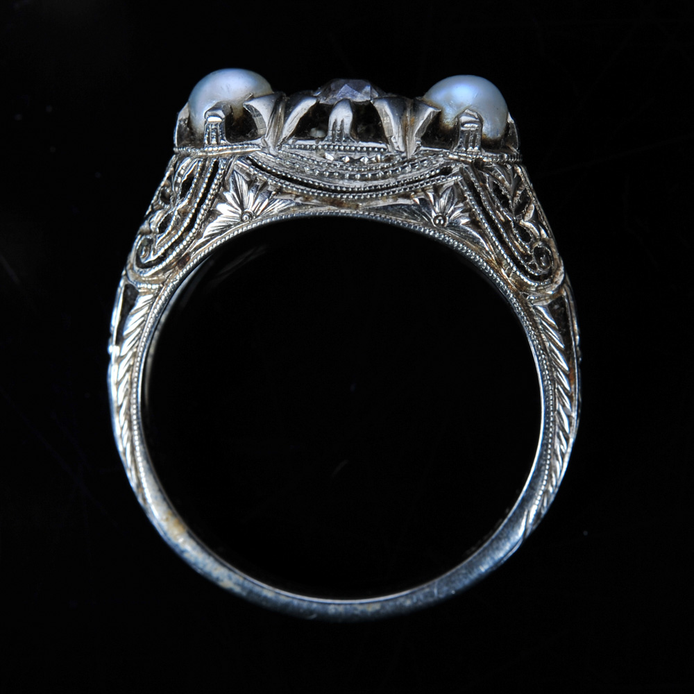 Antique Victorian 19K White Gold, Pearl, and Diamond Ring