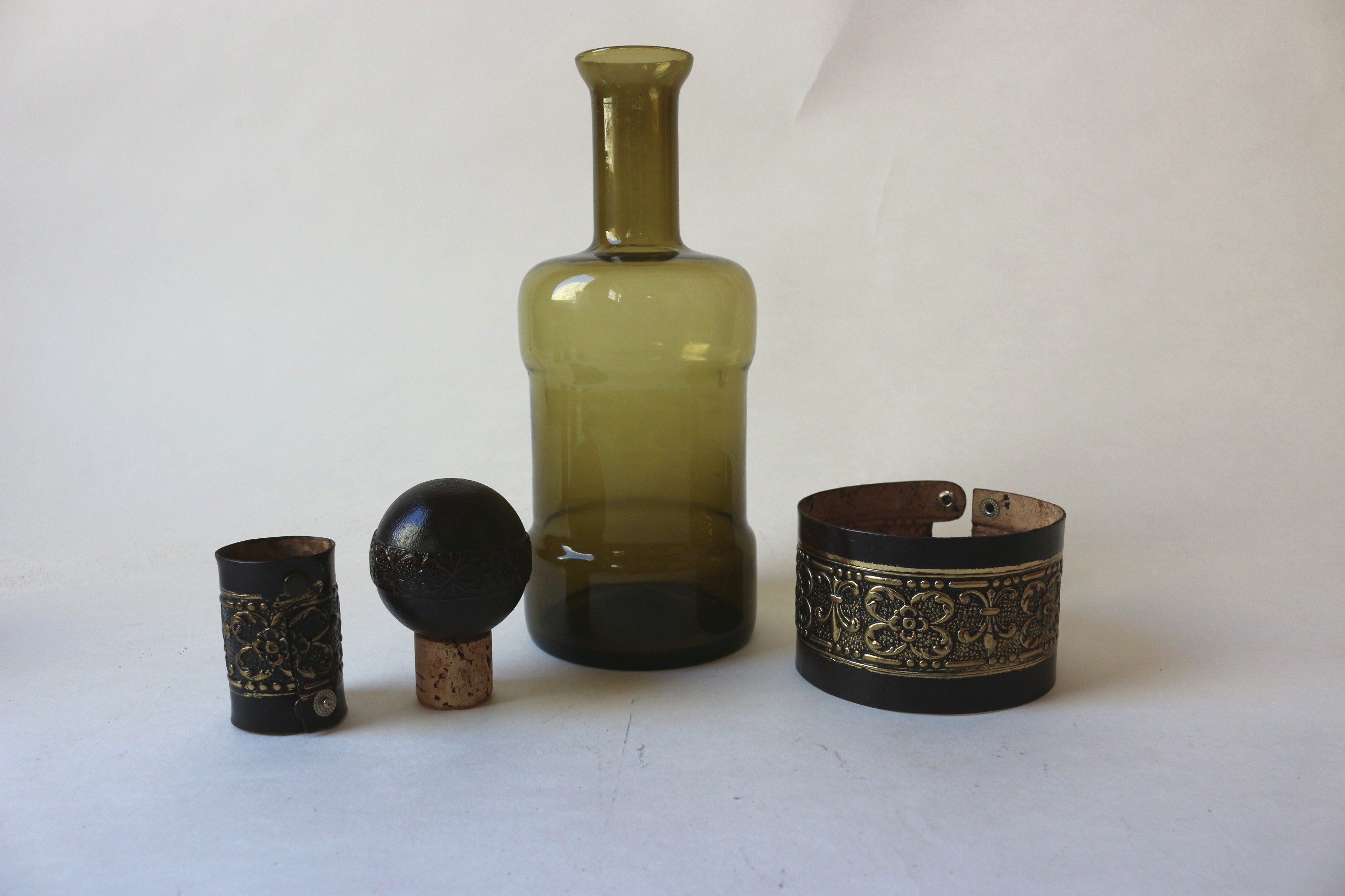 Florentine Green Art Glass Decanter and Glasses Set