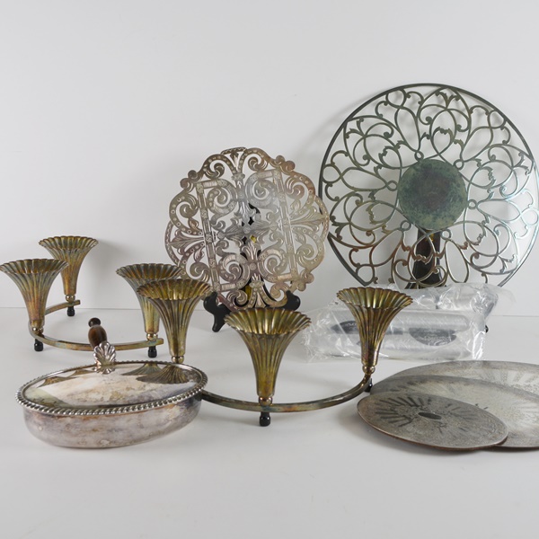 Silver Plated Trumpet Vases Center PIece, Trivets and Silent Butler