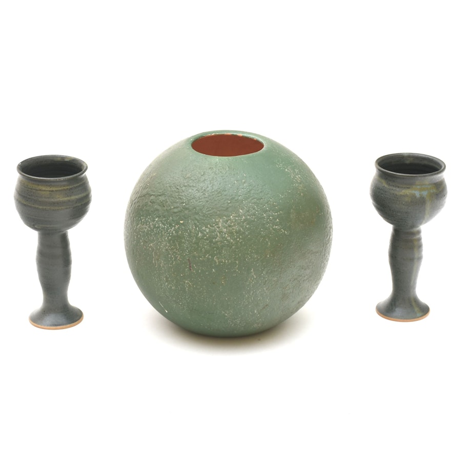 Hand-Made Ceramic Vase and Goblets