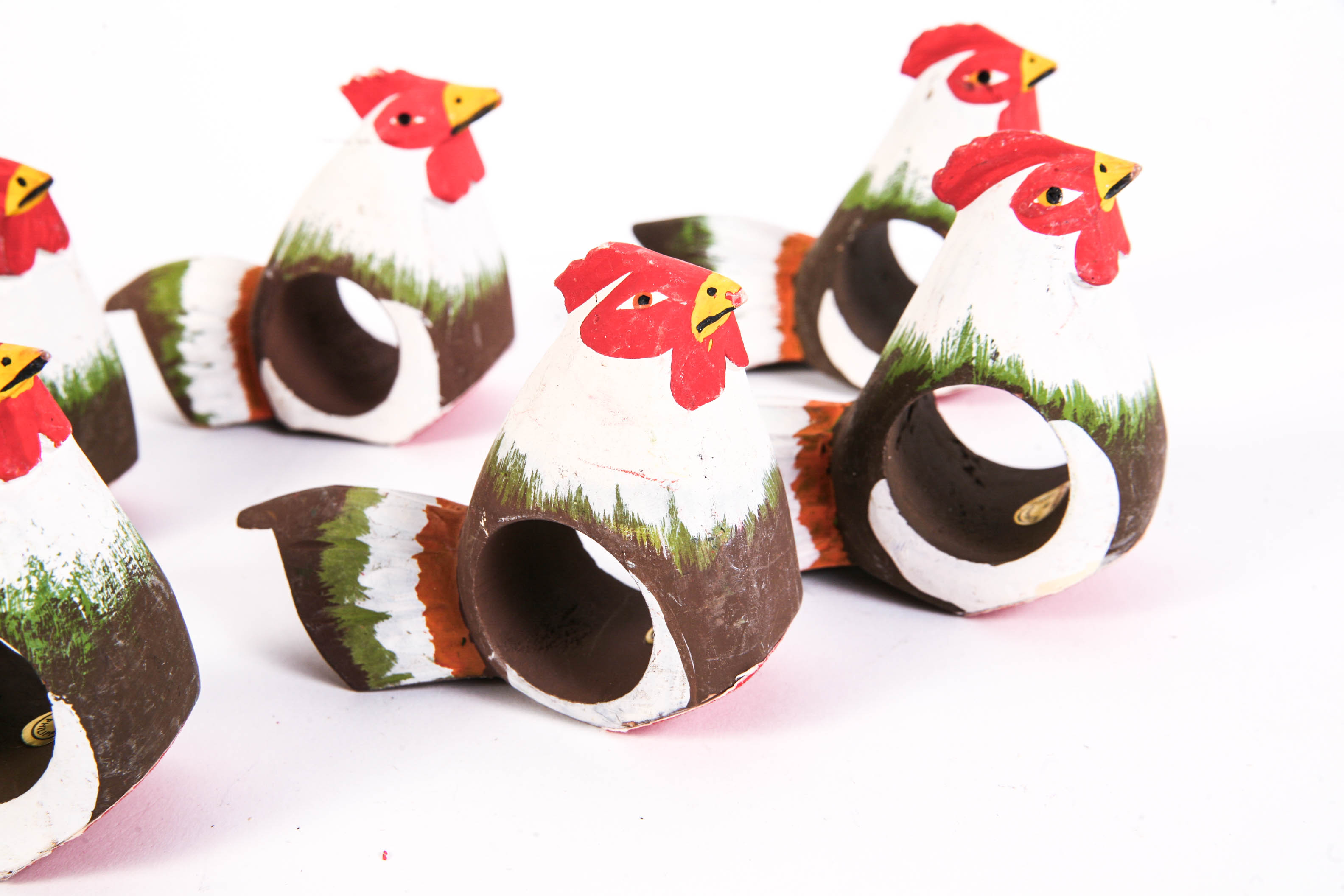 Decorative Painted Rooster and Six Rooster Napkin Rings