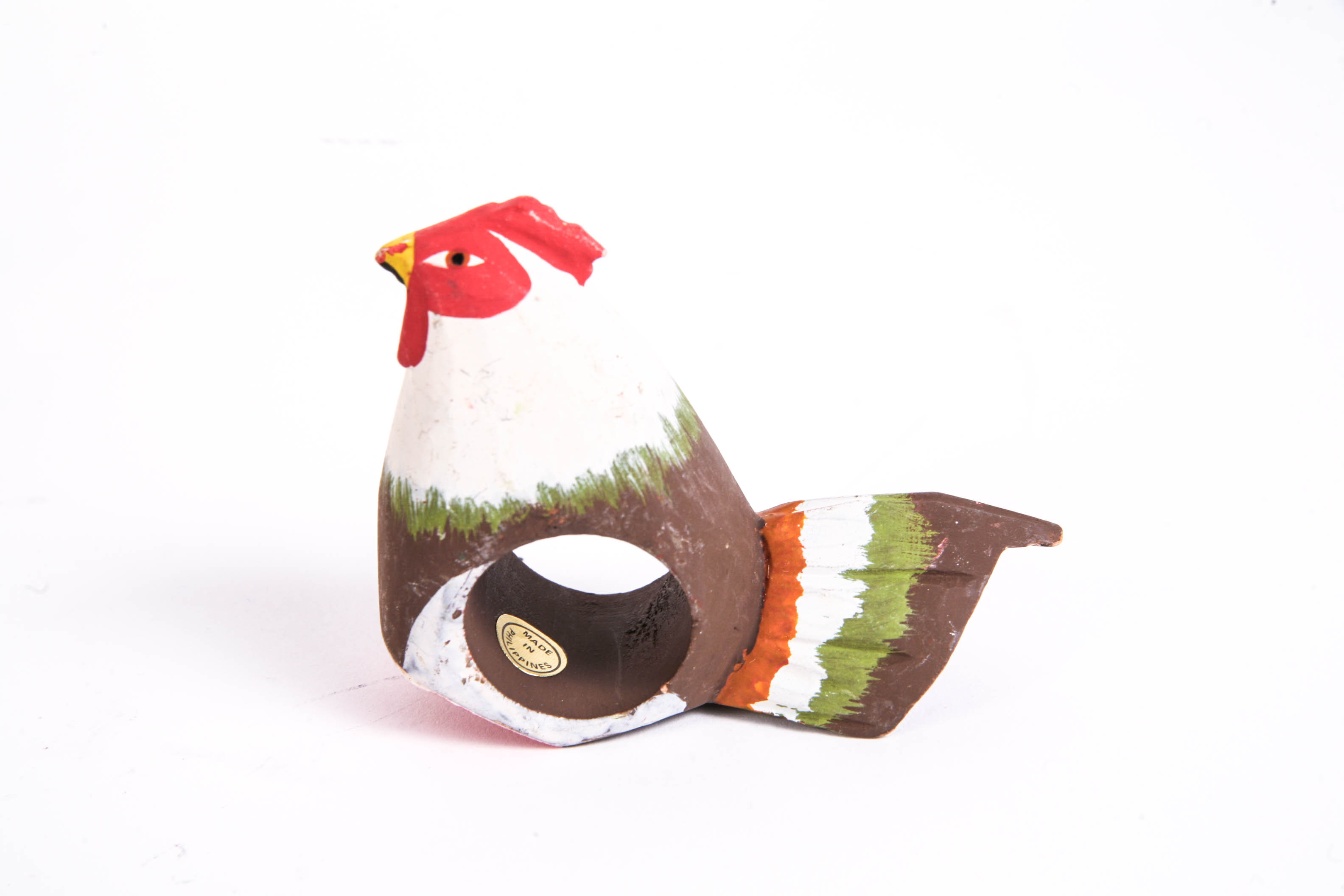 Decorative Painted Rooster and Six Rooster Napkin Rings