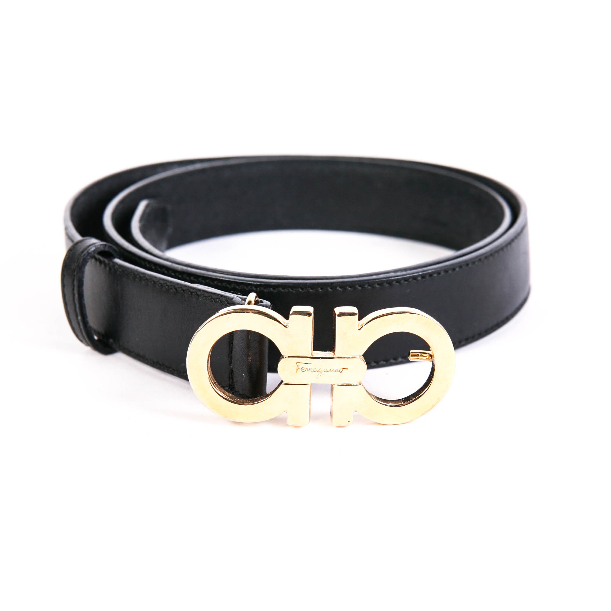 Salvatore Ferragamo Black Calf Leather Belt with Gold Logo Buckle