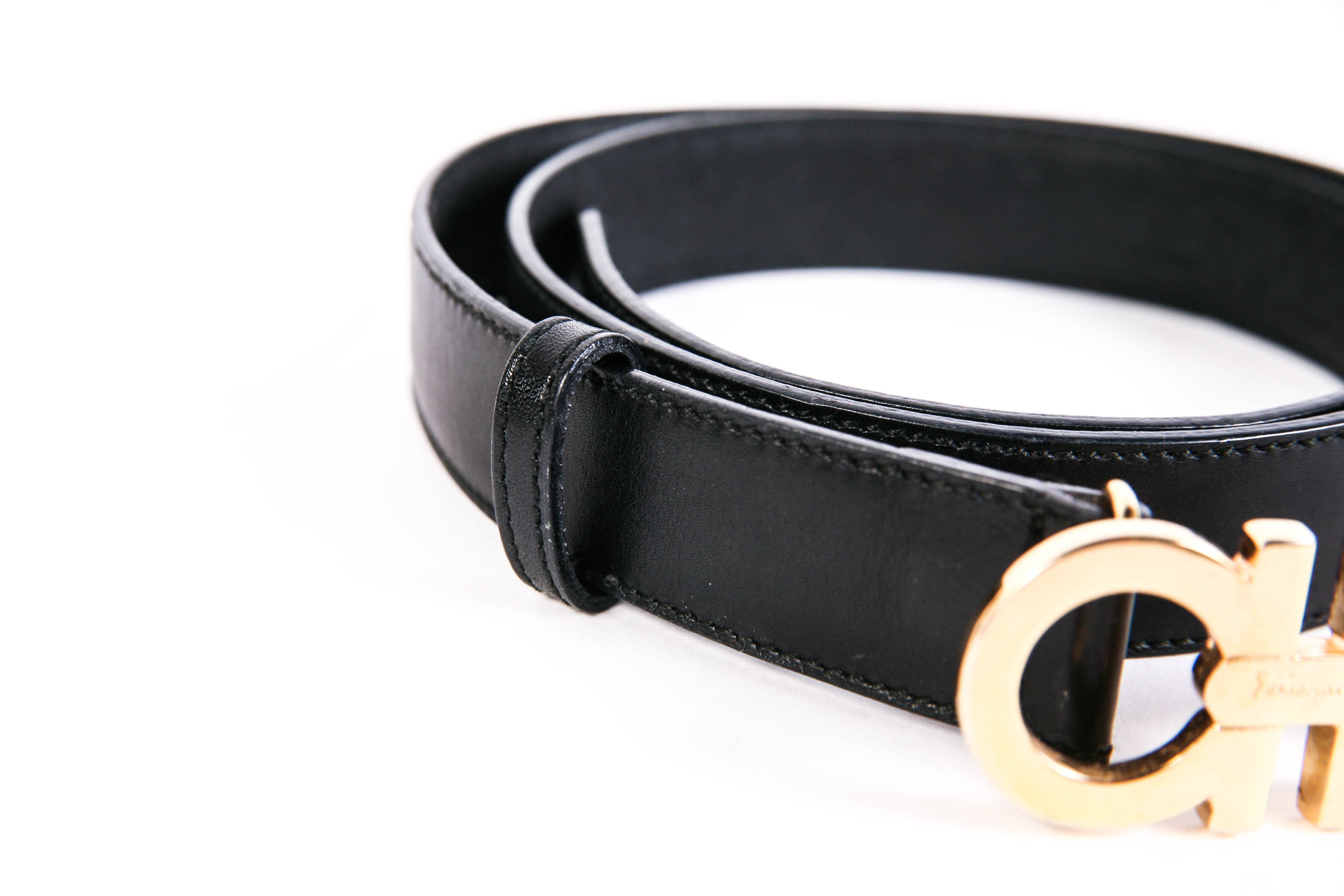 Salvatore Ferragamo Black Calf Leather Belt with Gold Logo Buckle