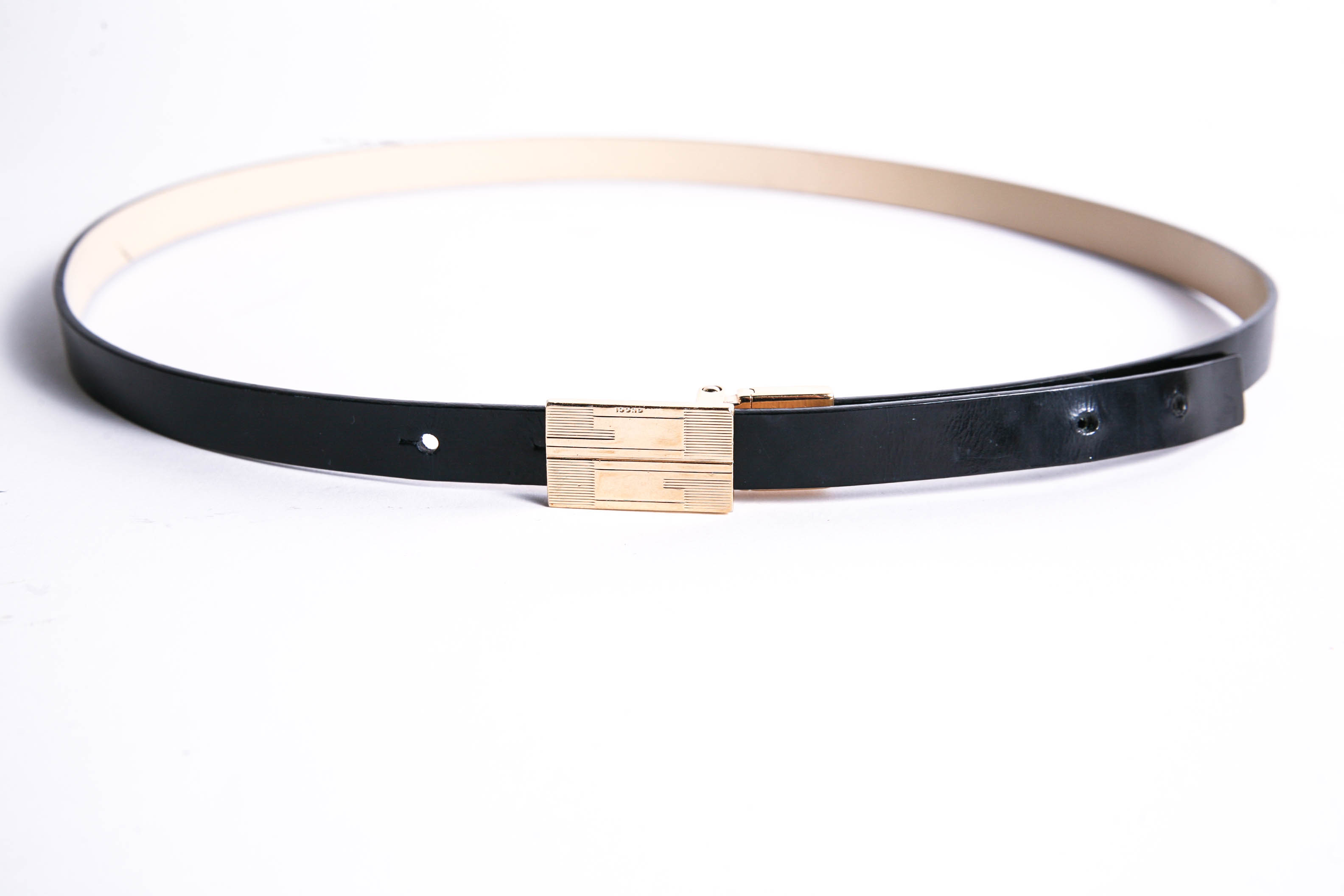Gucci Black Leather Skinny Belt with Etched Buckle
