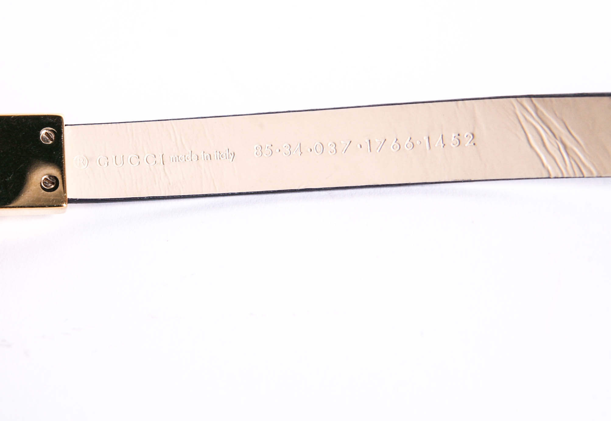 Gucci Black Leather Skinny Belt with Etched Buckle