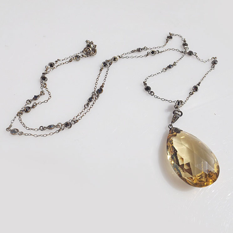Marcasite and Plated Silver Necklace with Citron Pendant