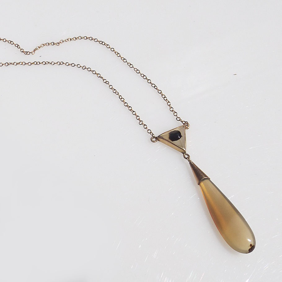 Art Deco 10K Rose Gold and Landscape Agate Pendant Necklace