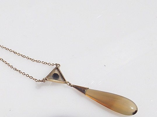 Art Deco 10K Rose Gold and Landscape Agate Pendant Necklace