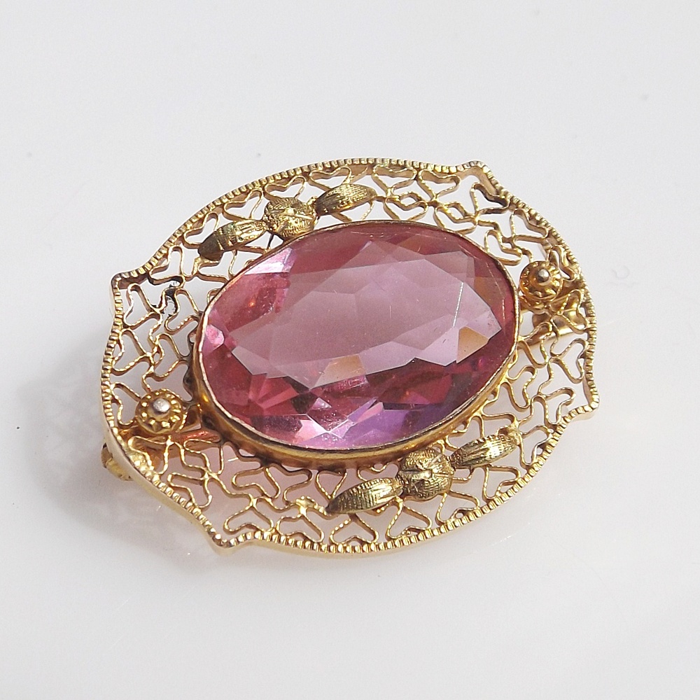 Victorian 10K Yellow Gold and Imitation Pink Topaz Brooch