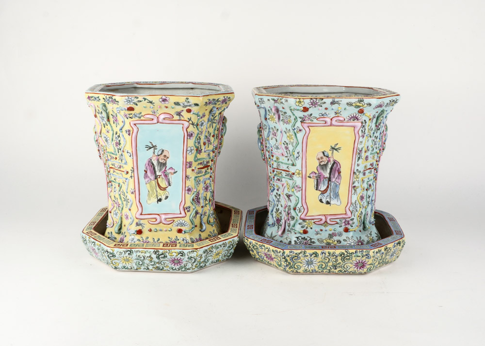 Pair of Ornate Chinese Ceramic Planters