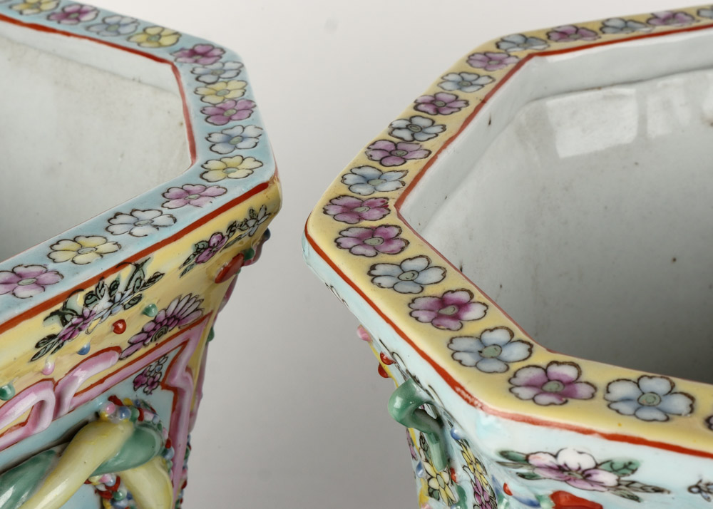 Pair of Ornate Chinese Ceramic Planters