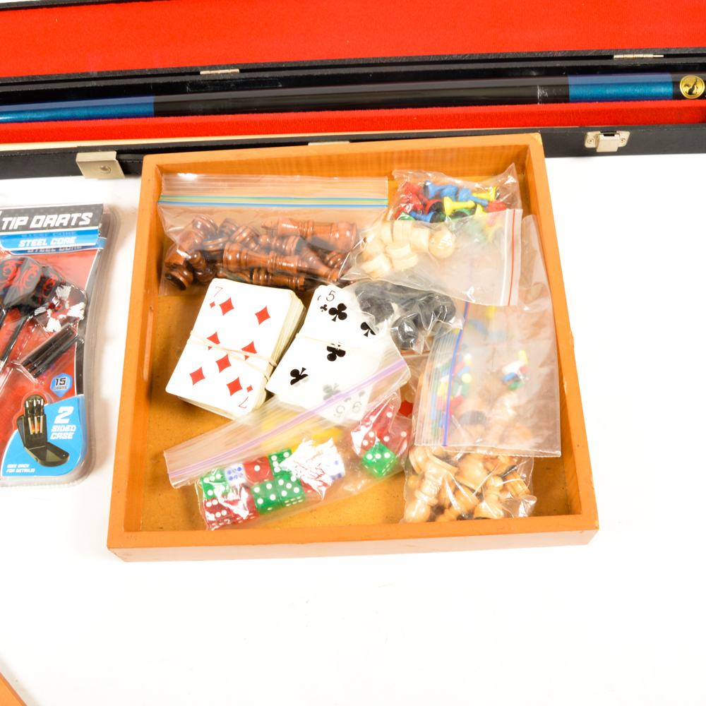 Vintage Steve Mizerak Billiards Cue Stick with Halex Darts and Board Game