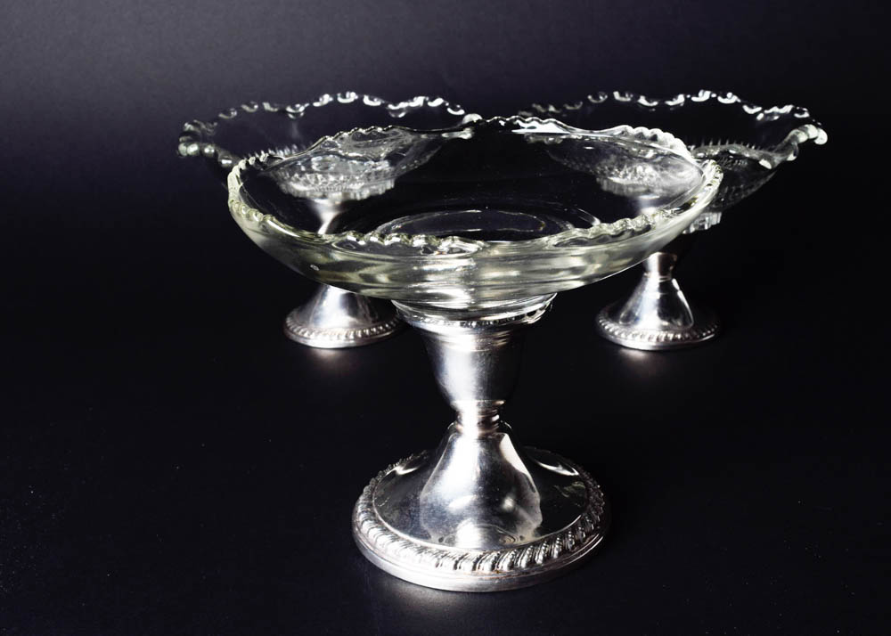 Collection of Glass Dishes with Sterling Silver Bases