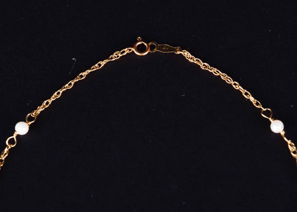 14K Gold Diamond and Pearl Anklet