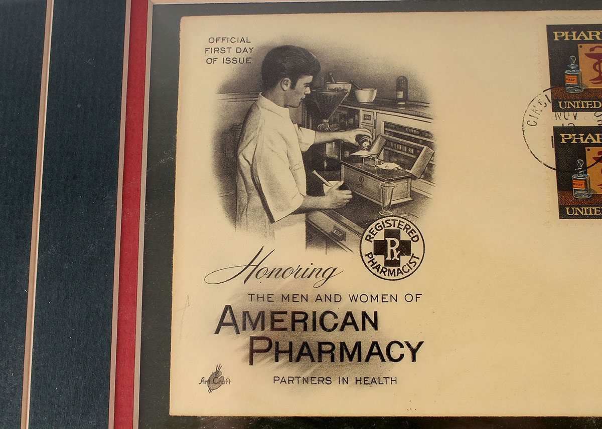 Framed Vintage American Pharmacy 8 Cent Stamps on Envelope