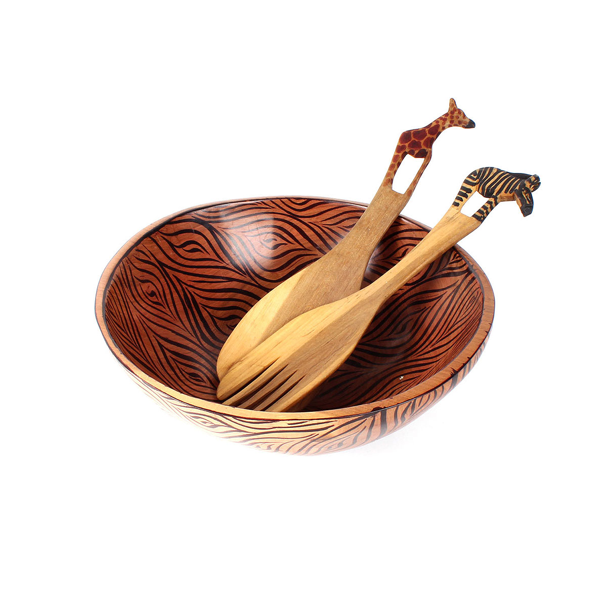 Wooden Salad Bowl with Animal Utensils