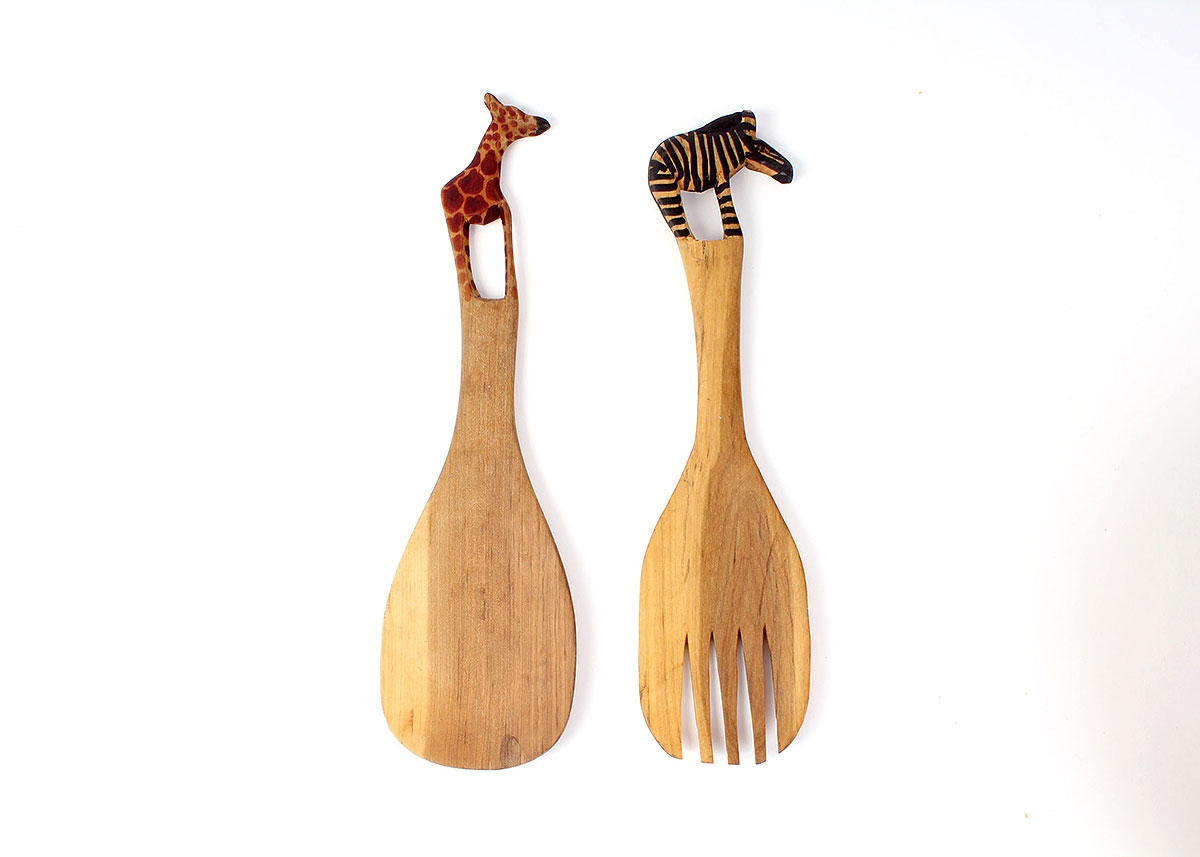 Wooden Salad Bowl with Animal Utensils