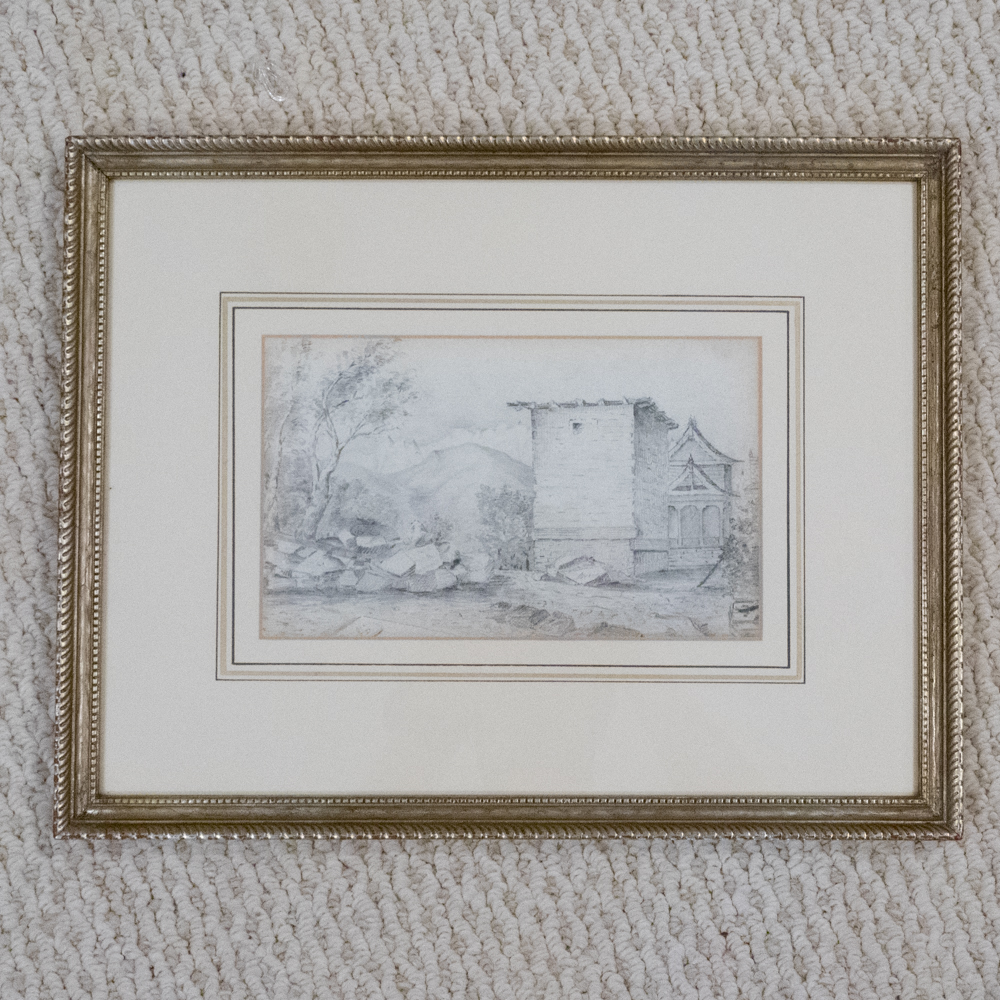 Framed 19th Century Pencil Sketch of a Landscape