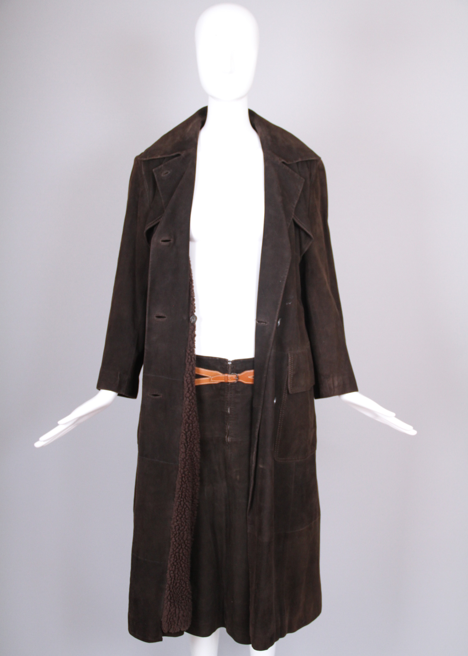 Vintage Hermès Brown Suede Shearling Coat and Matching Skirt