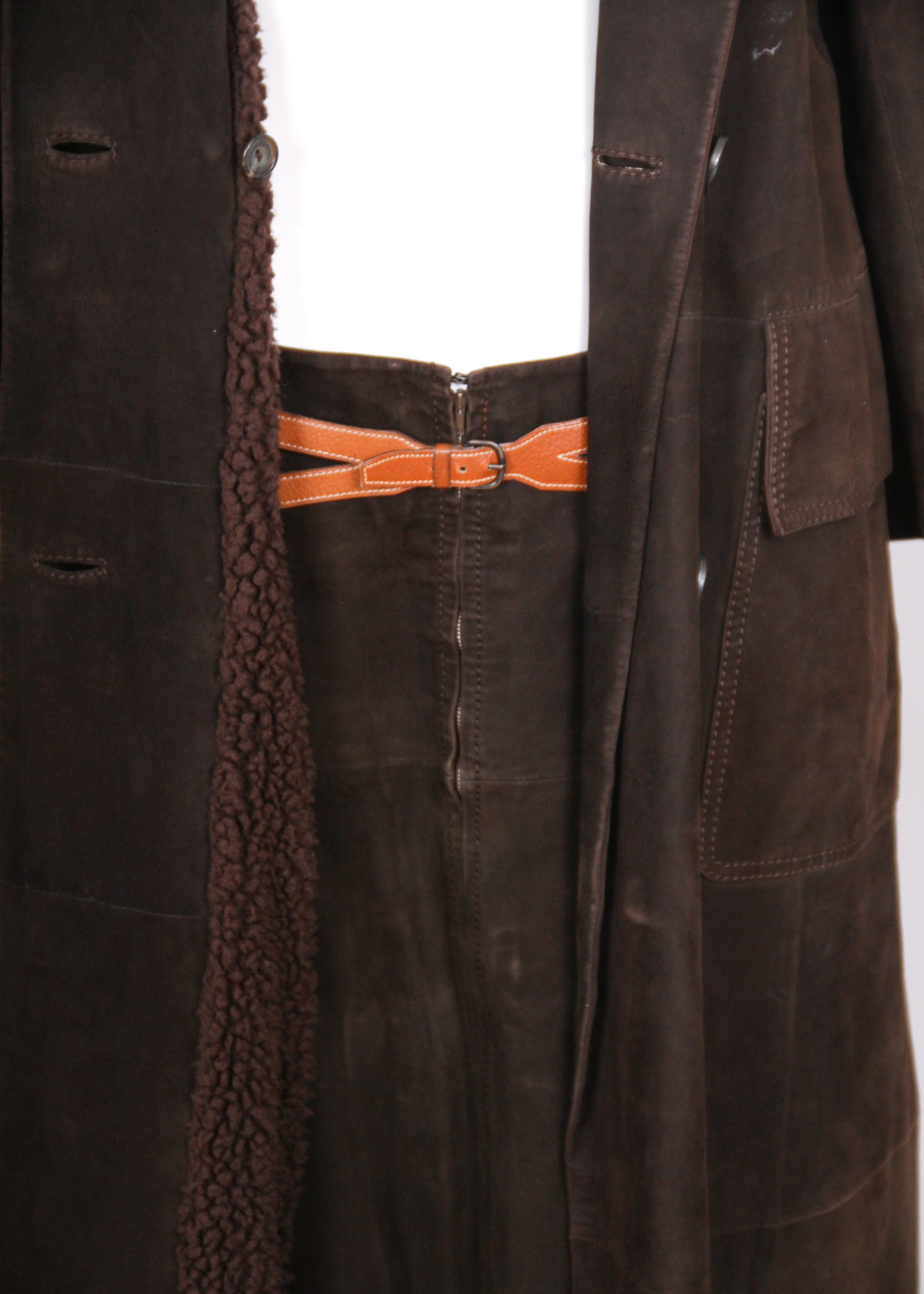 Vintage Hermès Brown Suede Shearling Coat and Matching Skirt