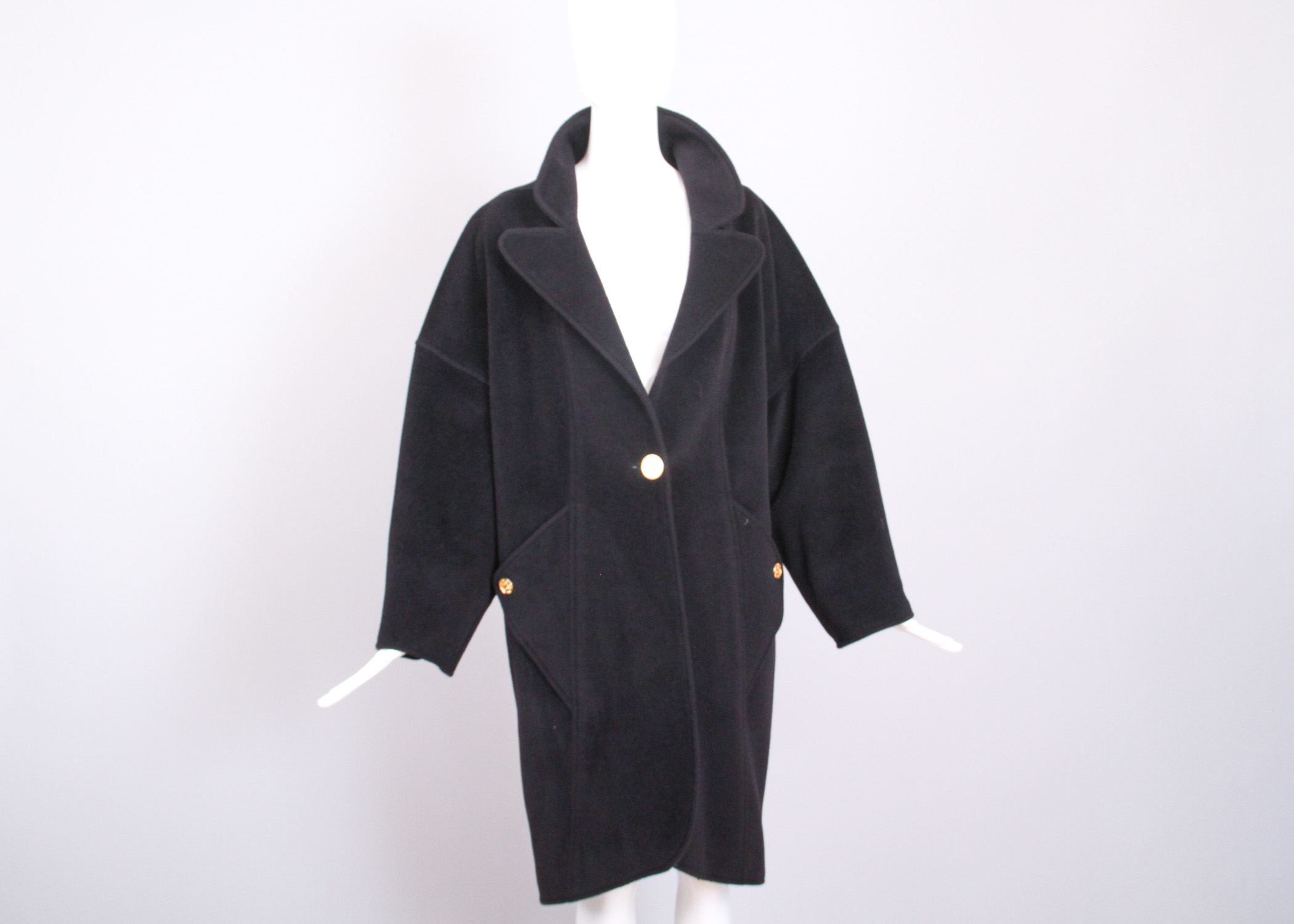 Vintage Chanel Black Wool Coat with Oversized Chanel Buttons