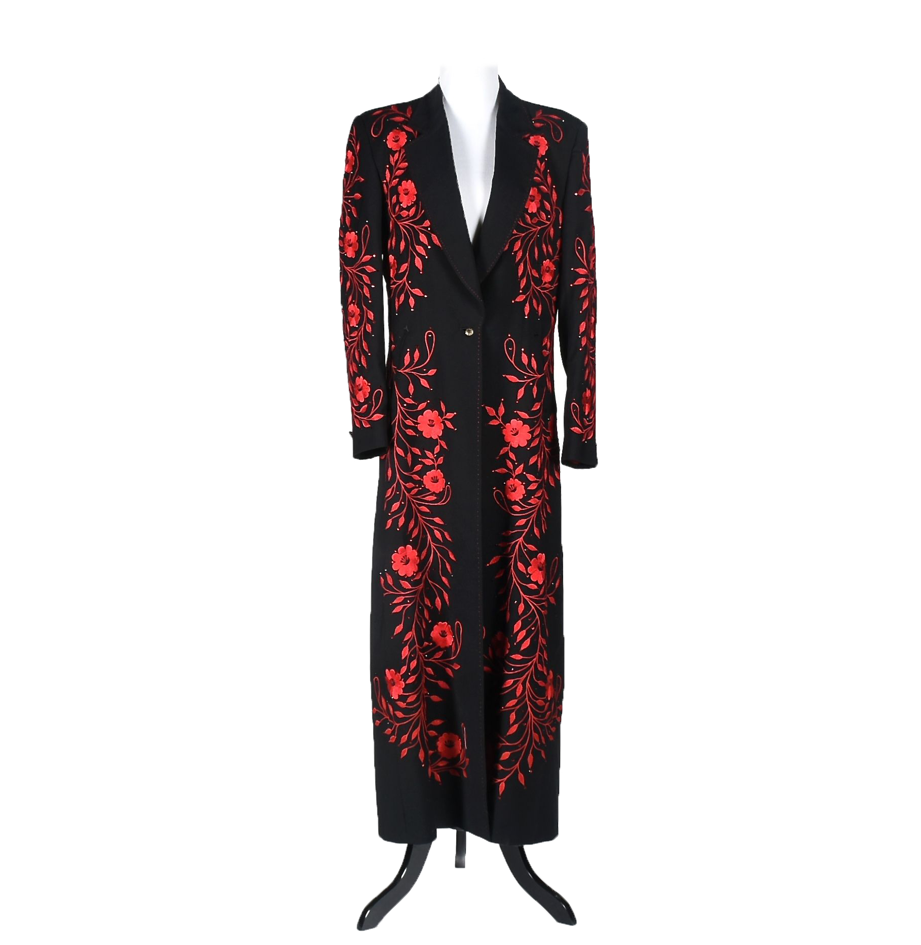 Manuel Custom Made Black Gabardine Coat with Red Floral Embroidery and Swarovski Crystal Rhinestones