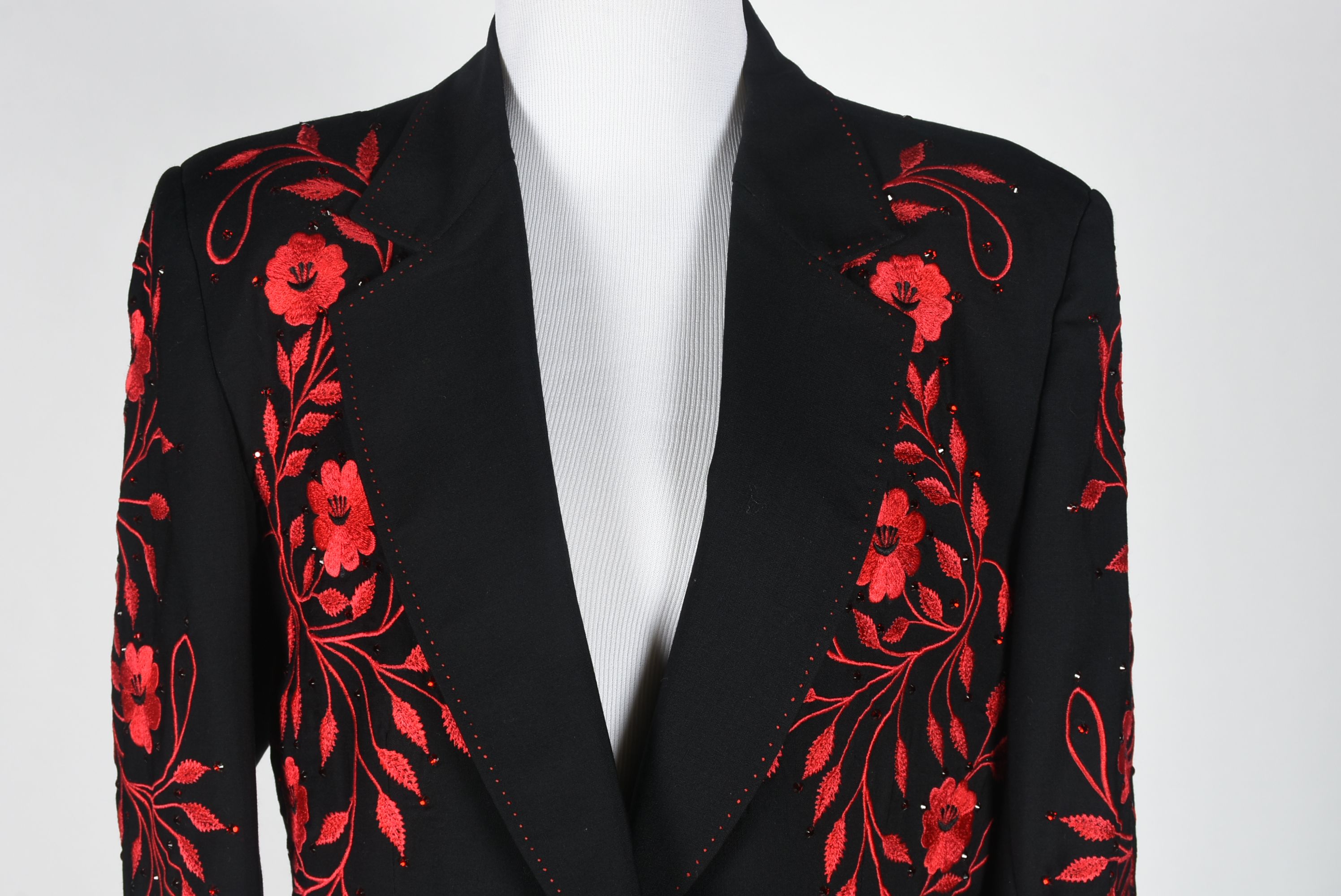 Manuel Custom Made Black Gabardine Coat with Red Floral Embroidery and Swarovski Crystal Rhinestones