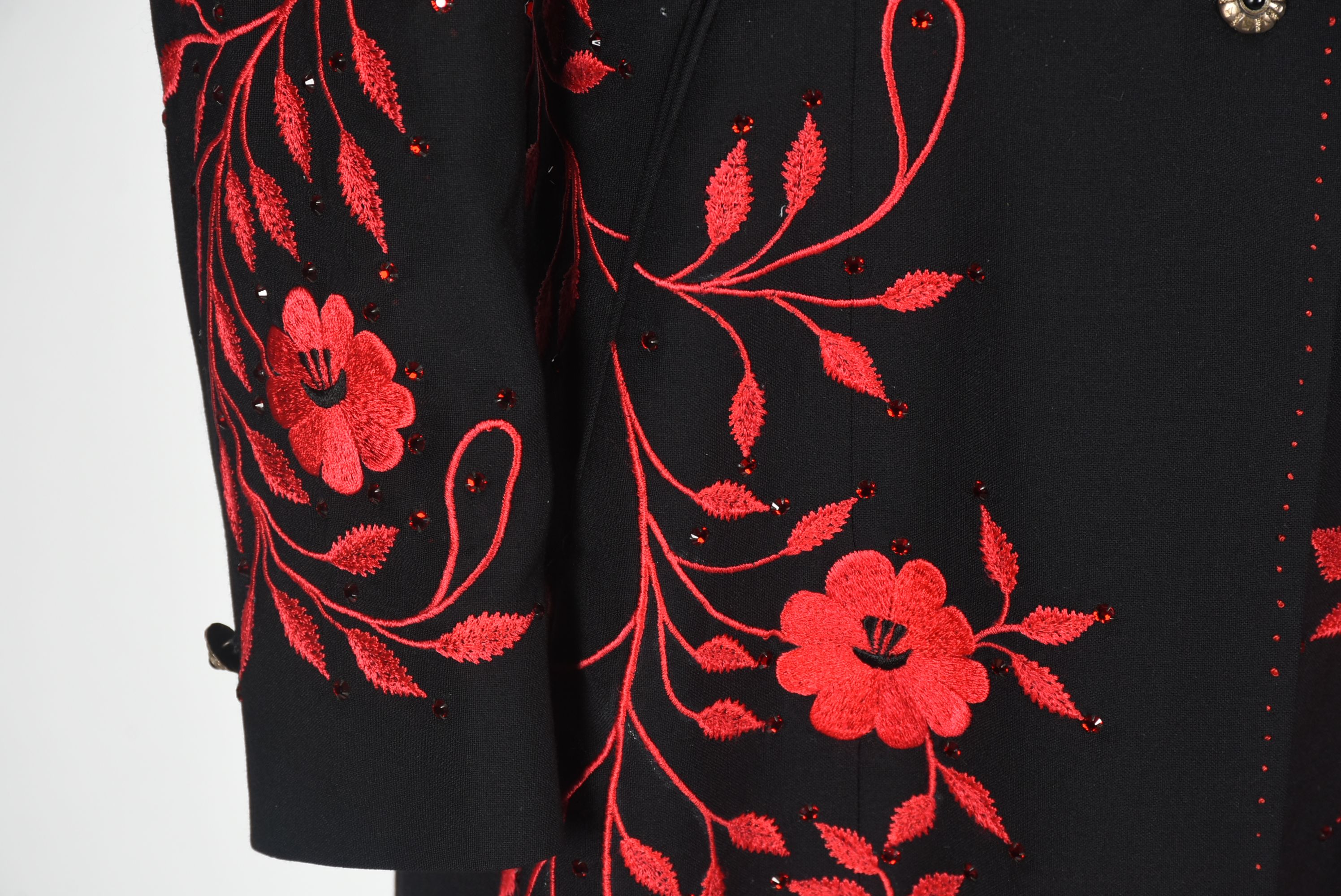 Manuel Custom Made Black Gabardine Coat with Red Floral Embroidery and Swarovski Crystal Rhinestones