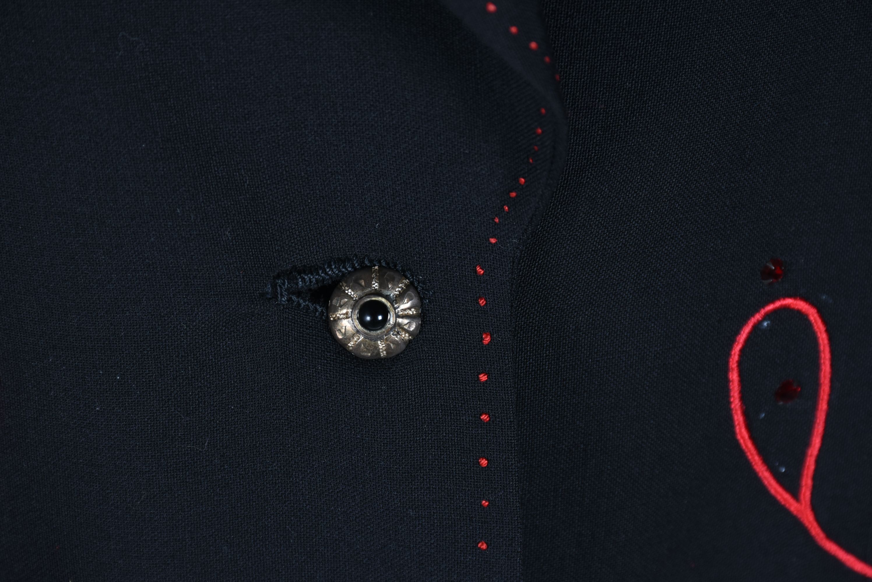 Manuel Custom Made Black Gabardine Coat with Red Floral Embroidery and Swarovski Crystal Rhinestones