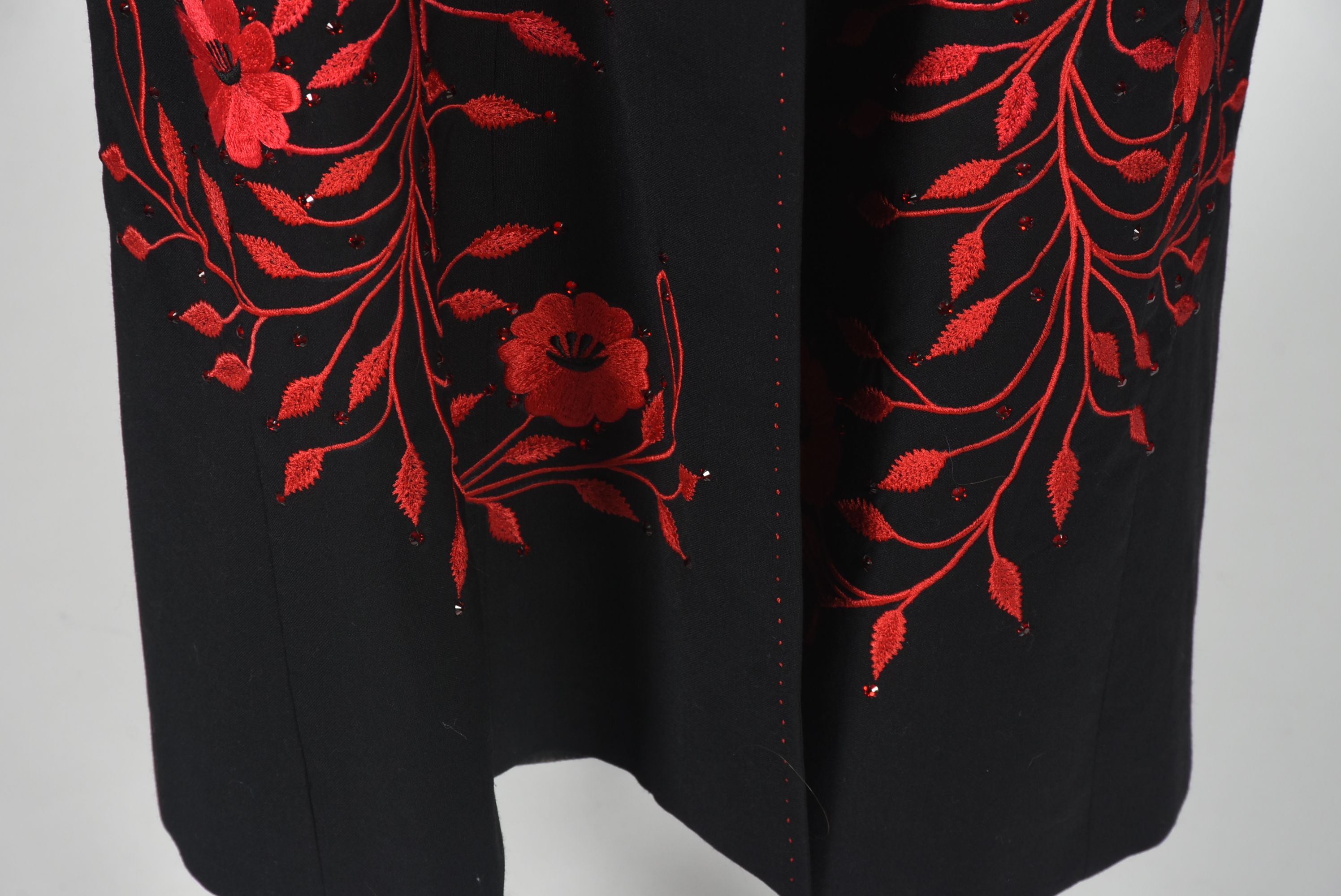 Manuel Custom Made Black Gabardine Coat with Red Floral Embroidery and Swarovski Crystal Rhinestones