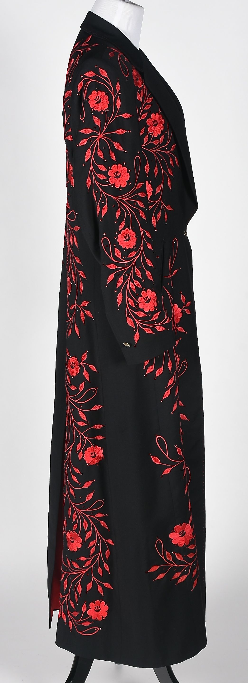 Manuel Custom Made Black Gabardine Coat with Red Floral Embroidery and Swarovski Crystal Rhinestones