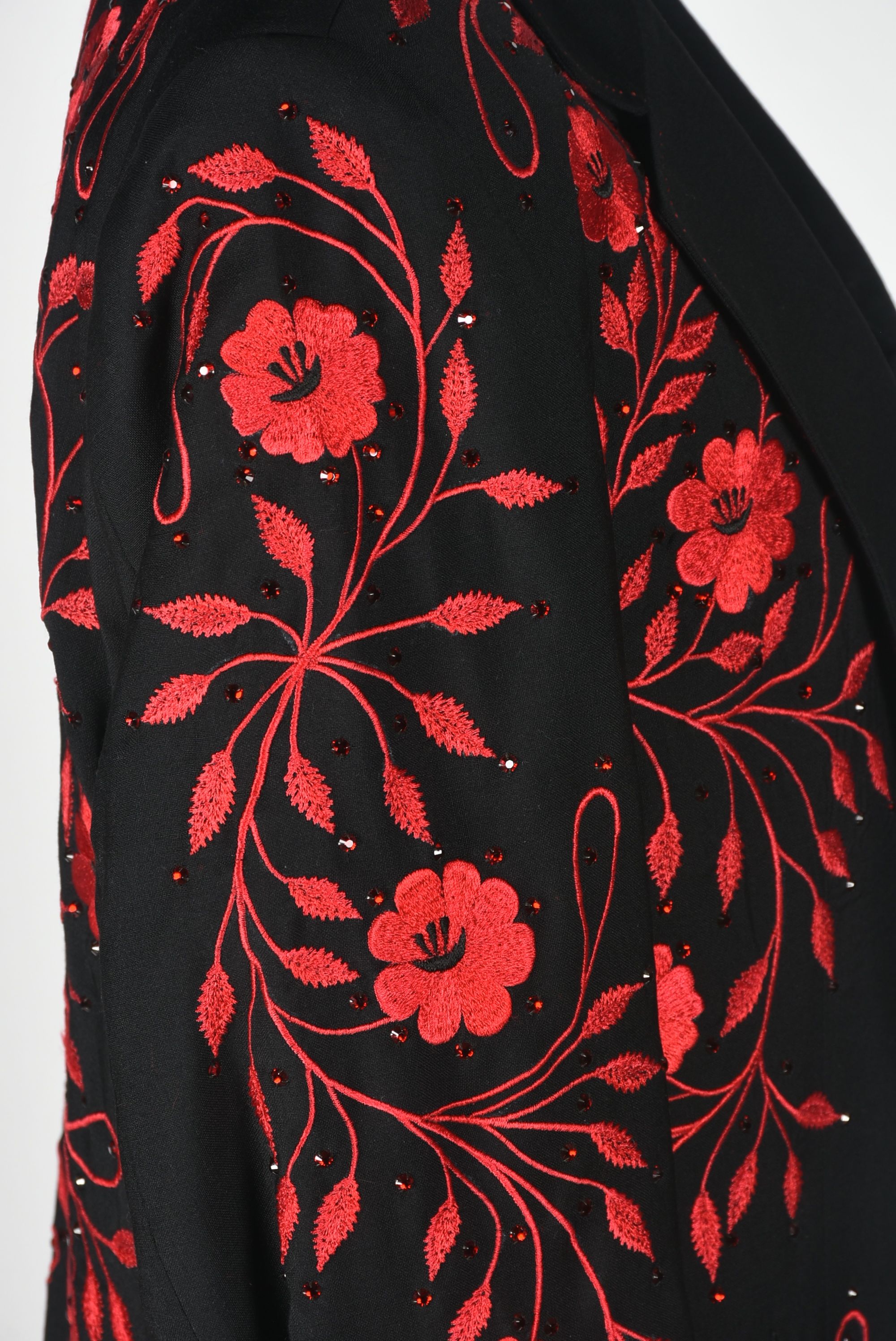 Manuel Custom Made Black Gabardine Coat with Red Floral Embroidery and Swarovski Crystal Rhinestones