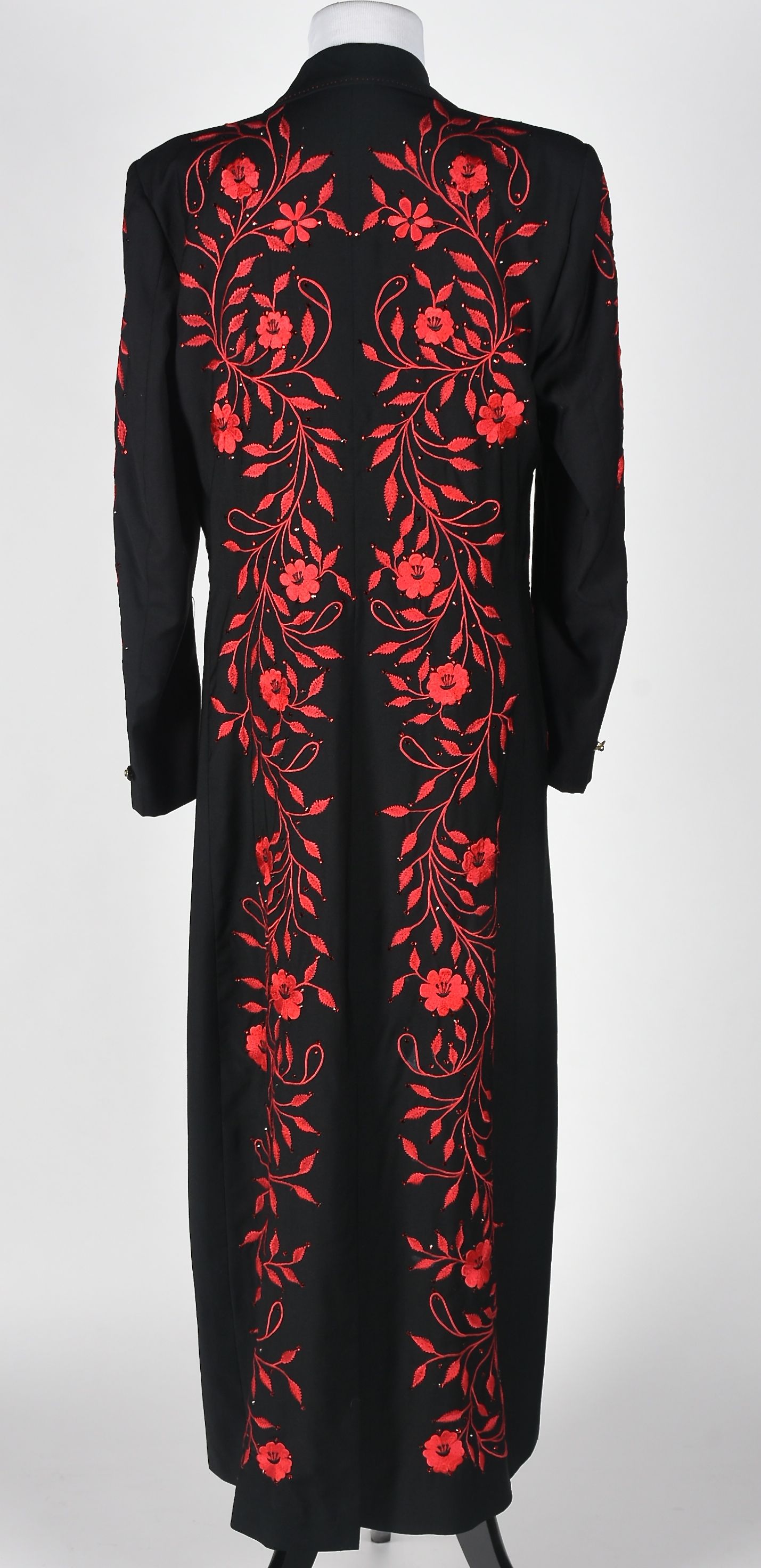 Manuel Custom Made Black Gabardine Coat with Red Floral Embroidery and Swarovski Crystal Rhinestones
