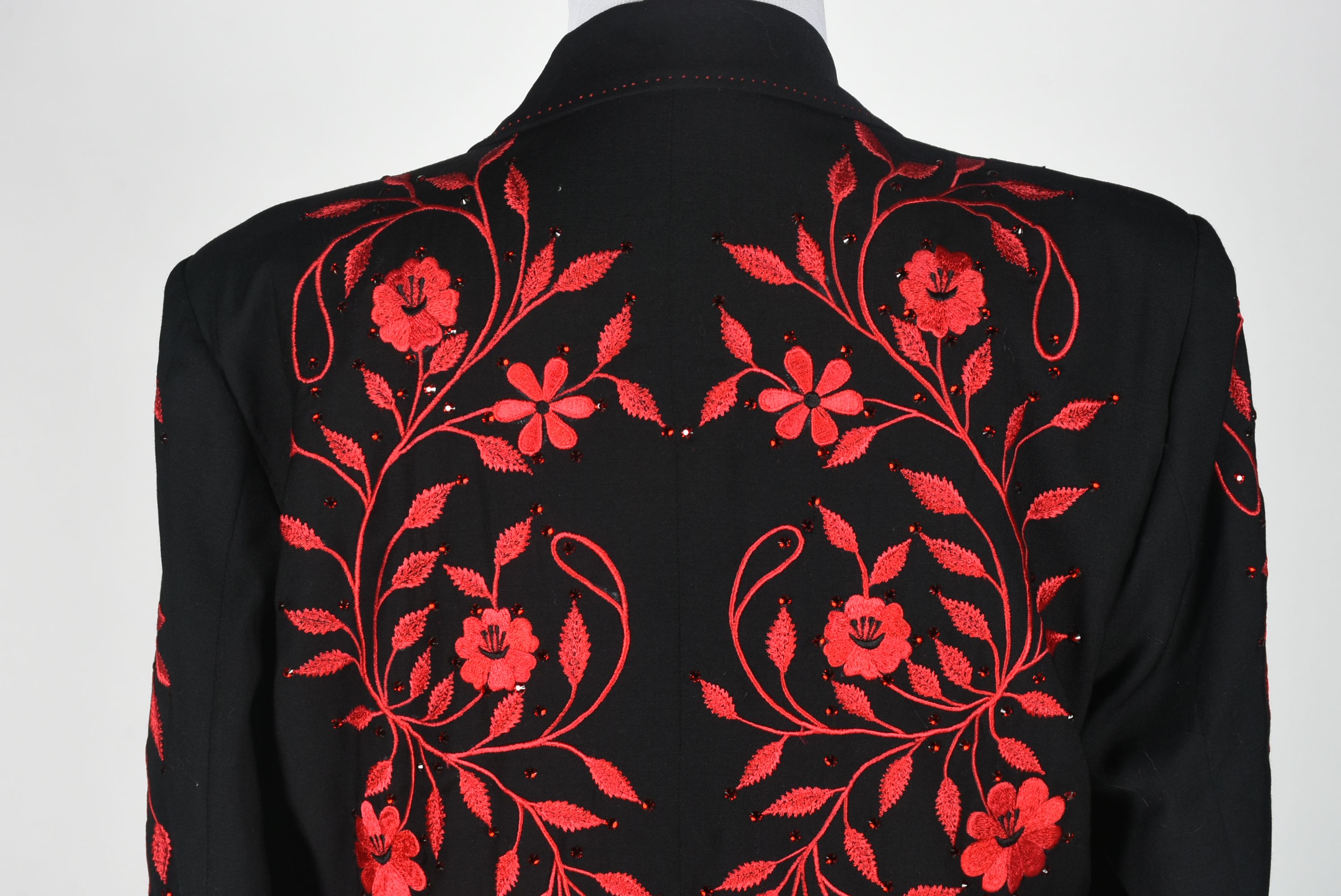 Manuel Custom Made Black Gabardine Coat with Red Floral Embroidery and Swarovski Crystal Rhinestones