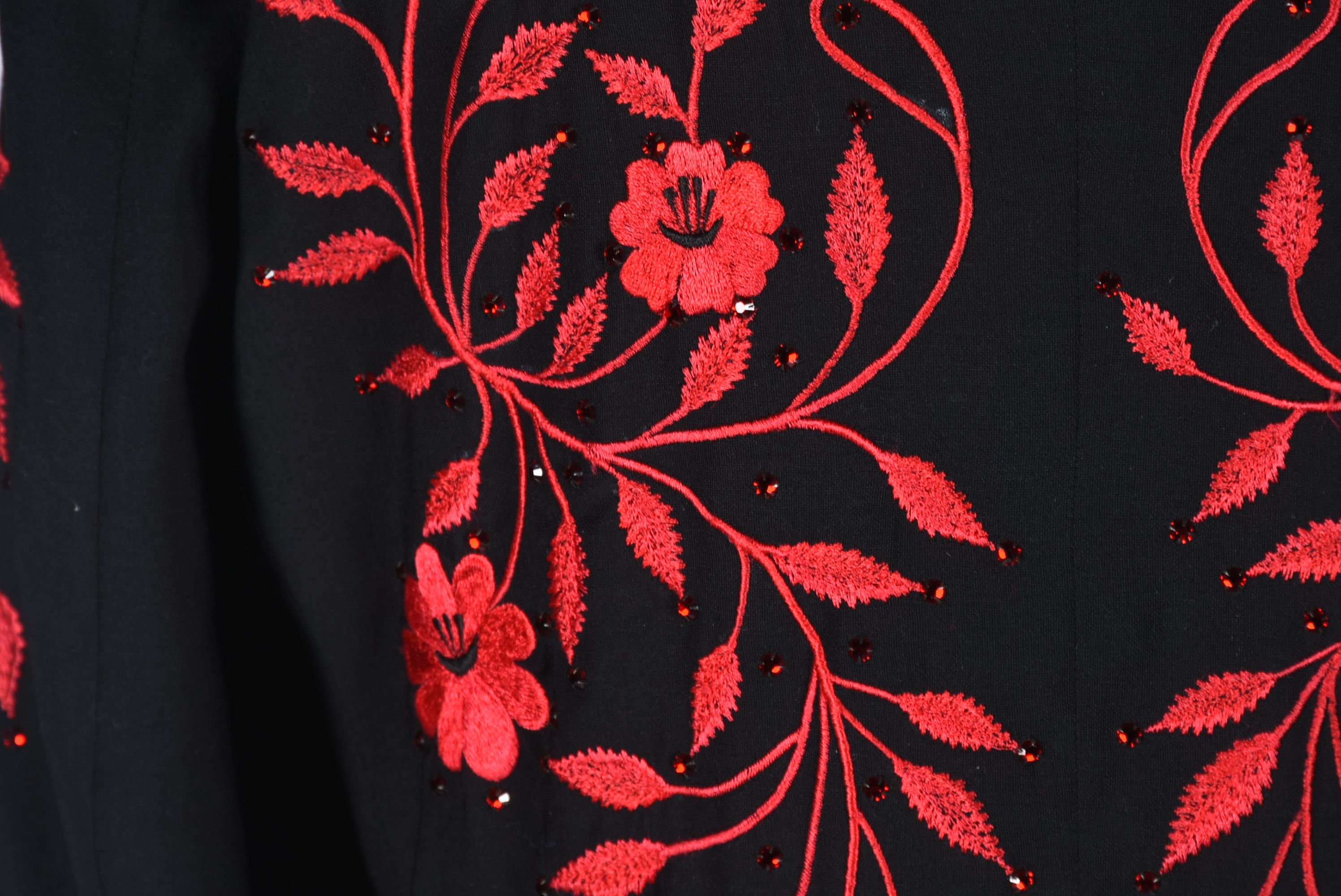 Manuel Custom Made Black Gabardine Coat with Red Floral Embroidery and Swarovski Crystal Rhinestones