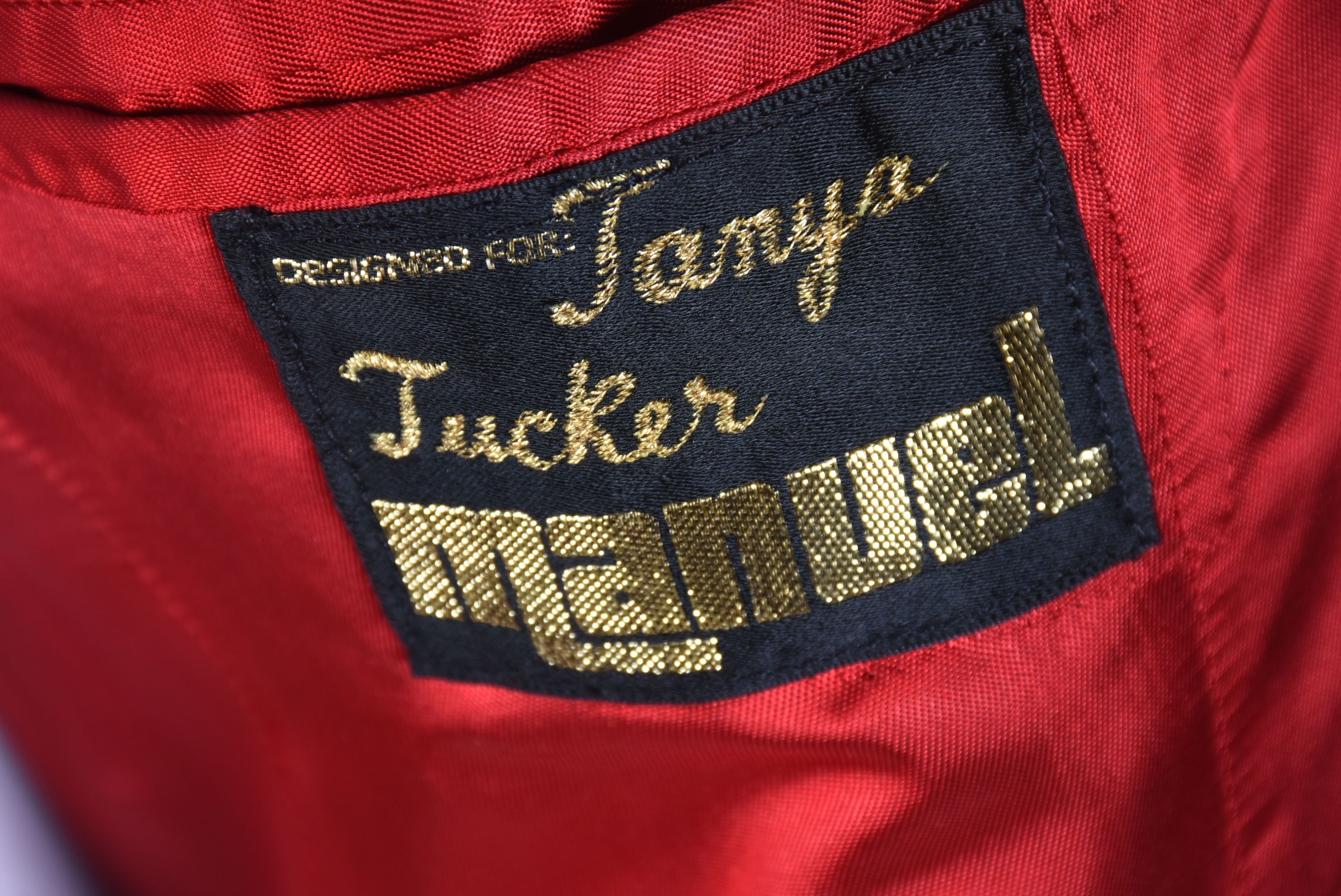 Manuel Custom Made Black Gabardine Coat with Red Floral Embroidery and Swarovski Crystal Rhinestones