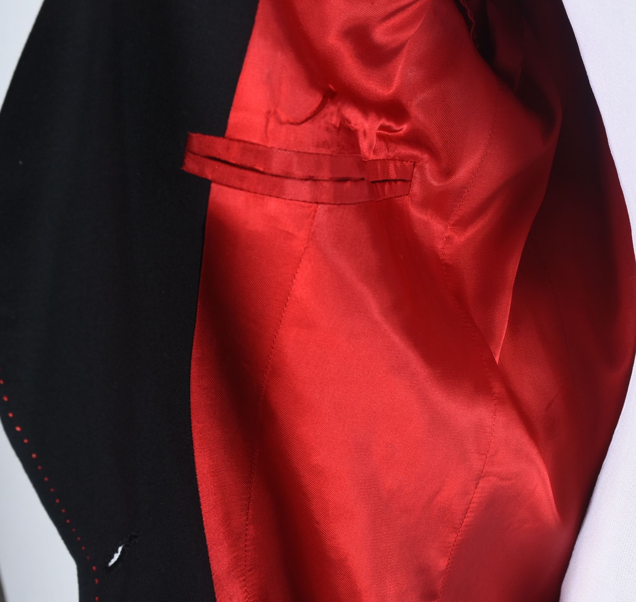 Manuel Custom Made Black Gabardine Coat with Red Floral Embroidery and Swarovski Crystal Rhinestones