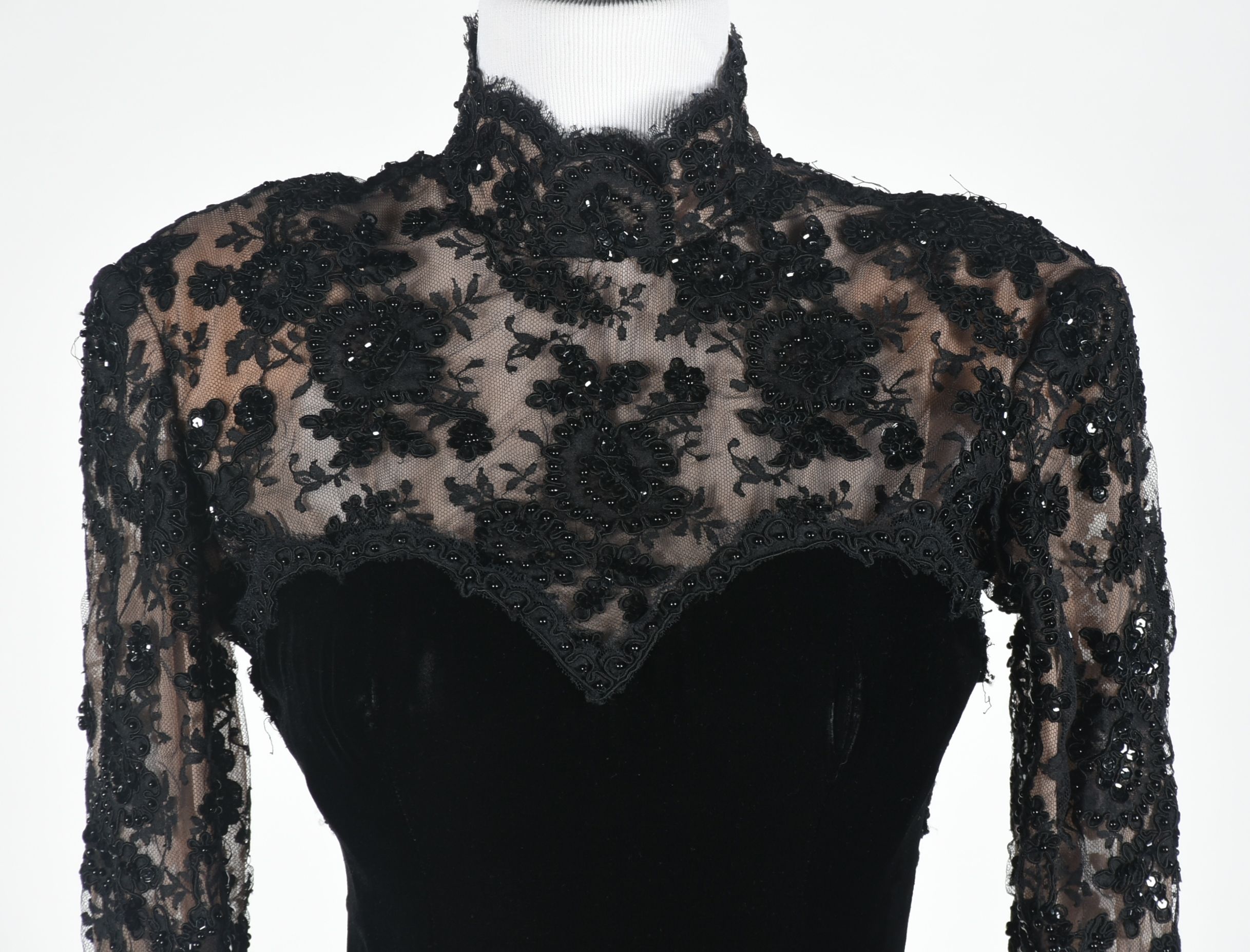 Custom Made Black Velvet and Lace Embellished Formal Gown