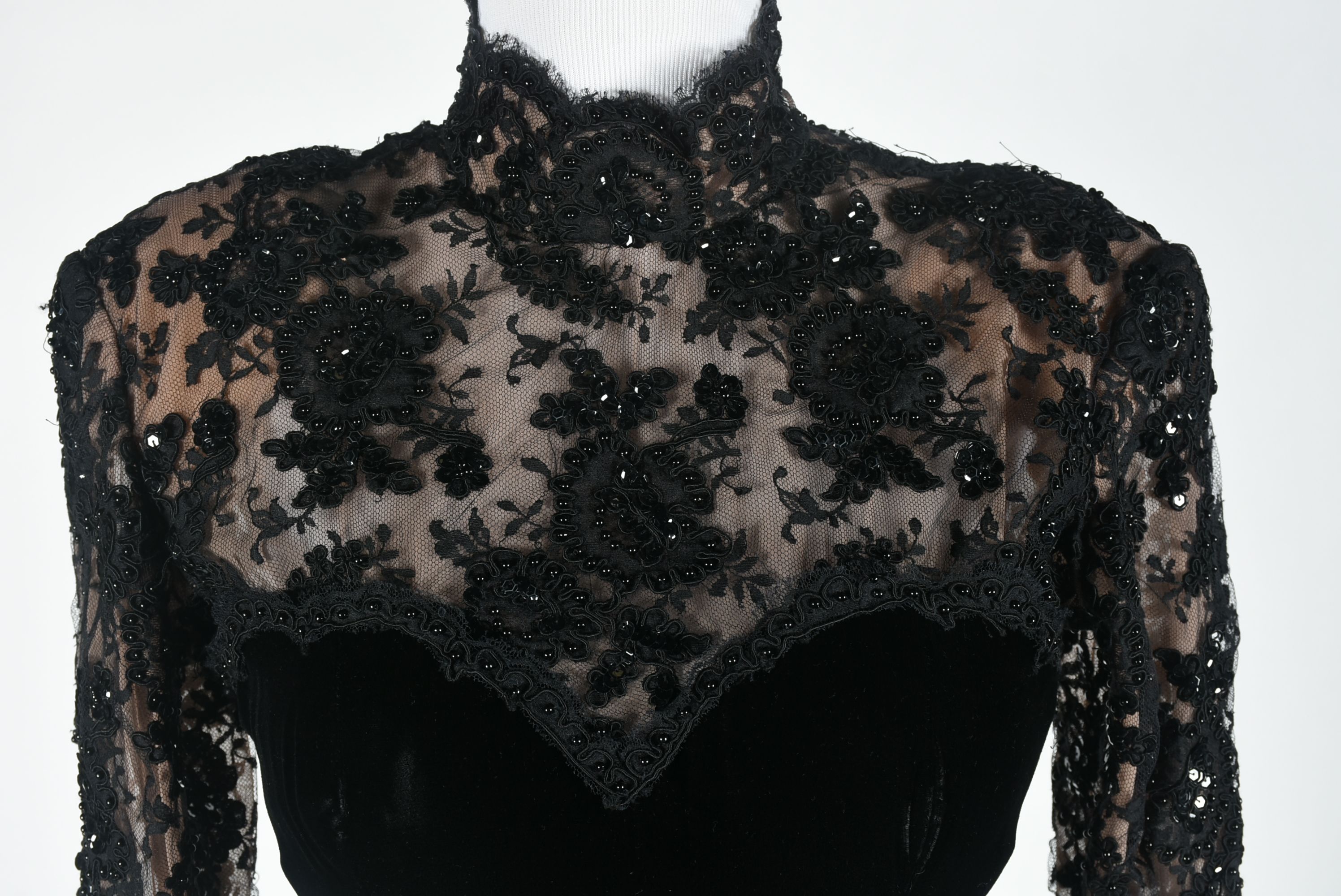 Custom Made Black Velvet and Lace Embellished Formal Gown