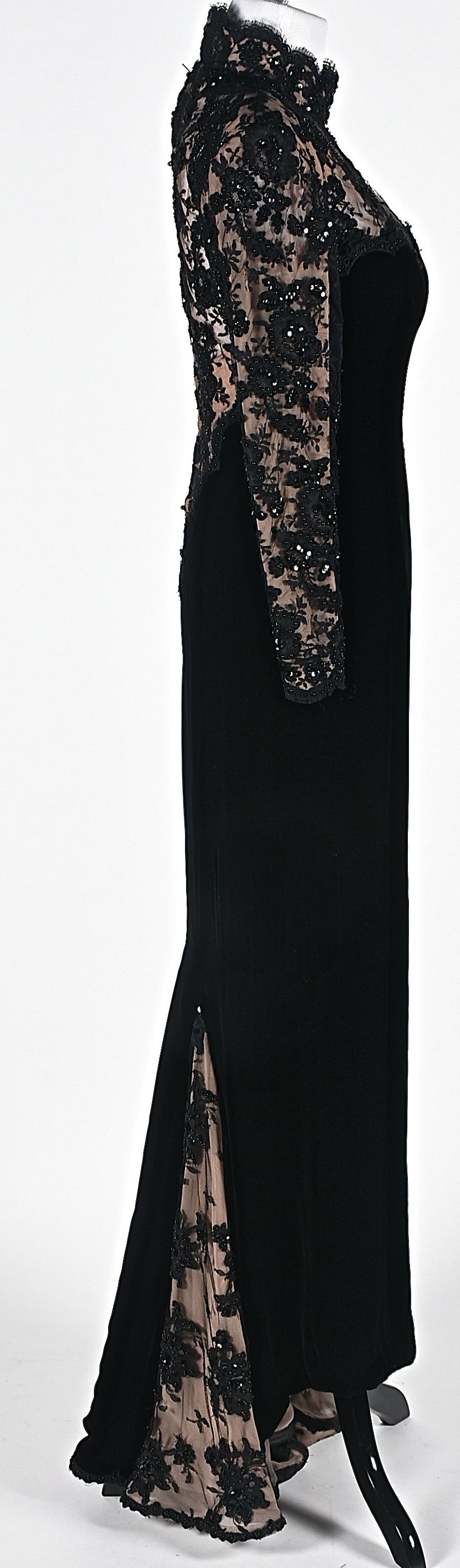Custom Made Black Velvet and Lace Embellished Formal Gown