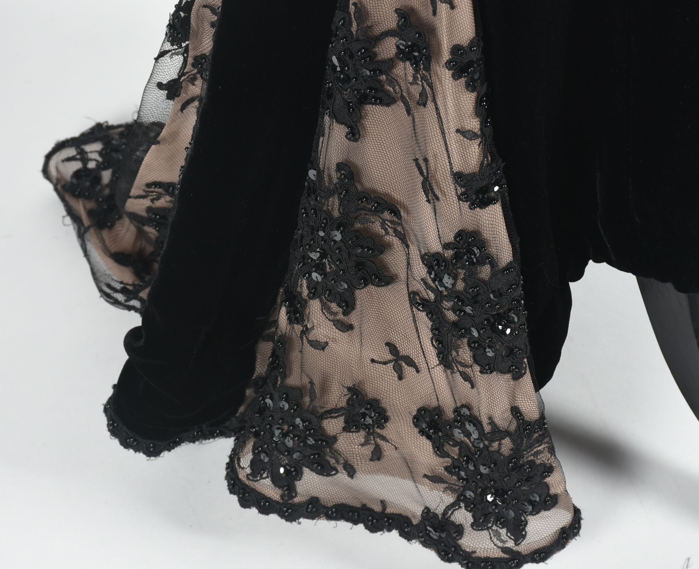 Custom Made Black Velvet and Lace Embellished Formal Gown