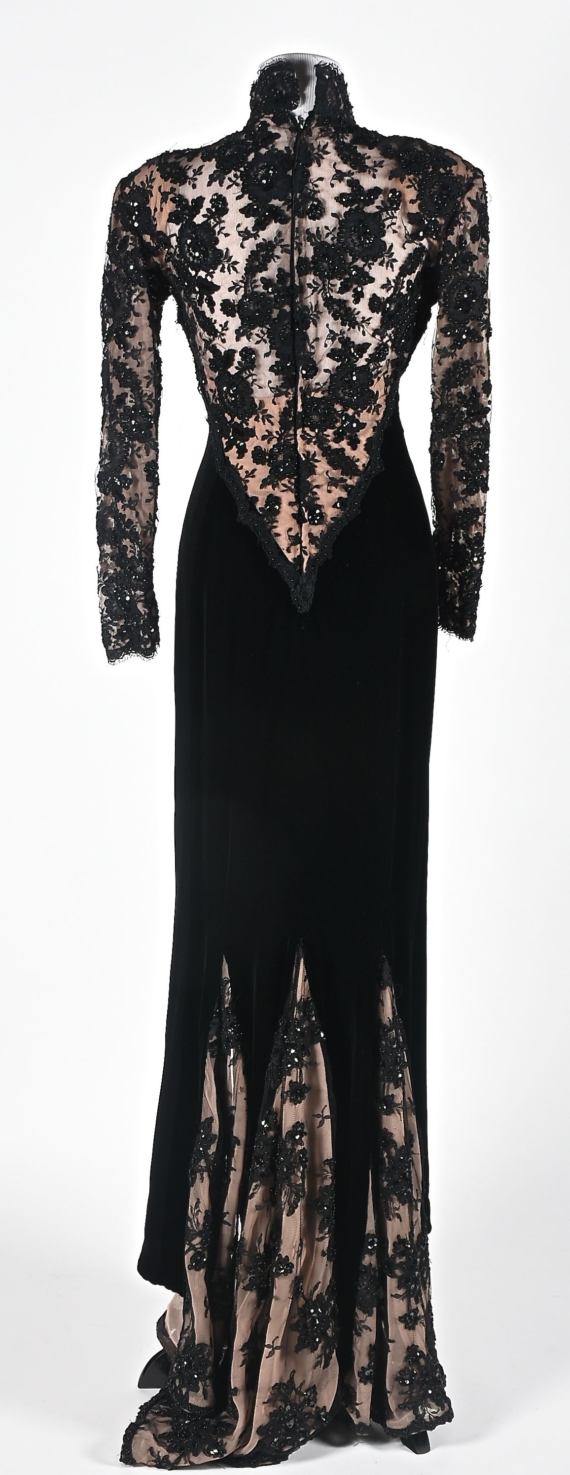 Custom Made Black Velvet and Lace Embellished Formal Gown