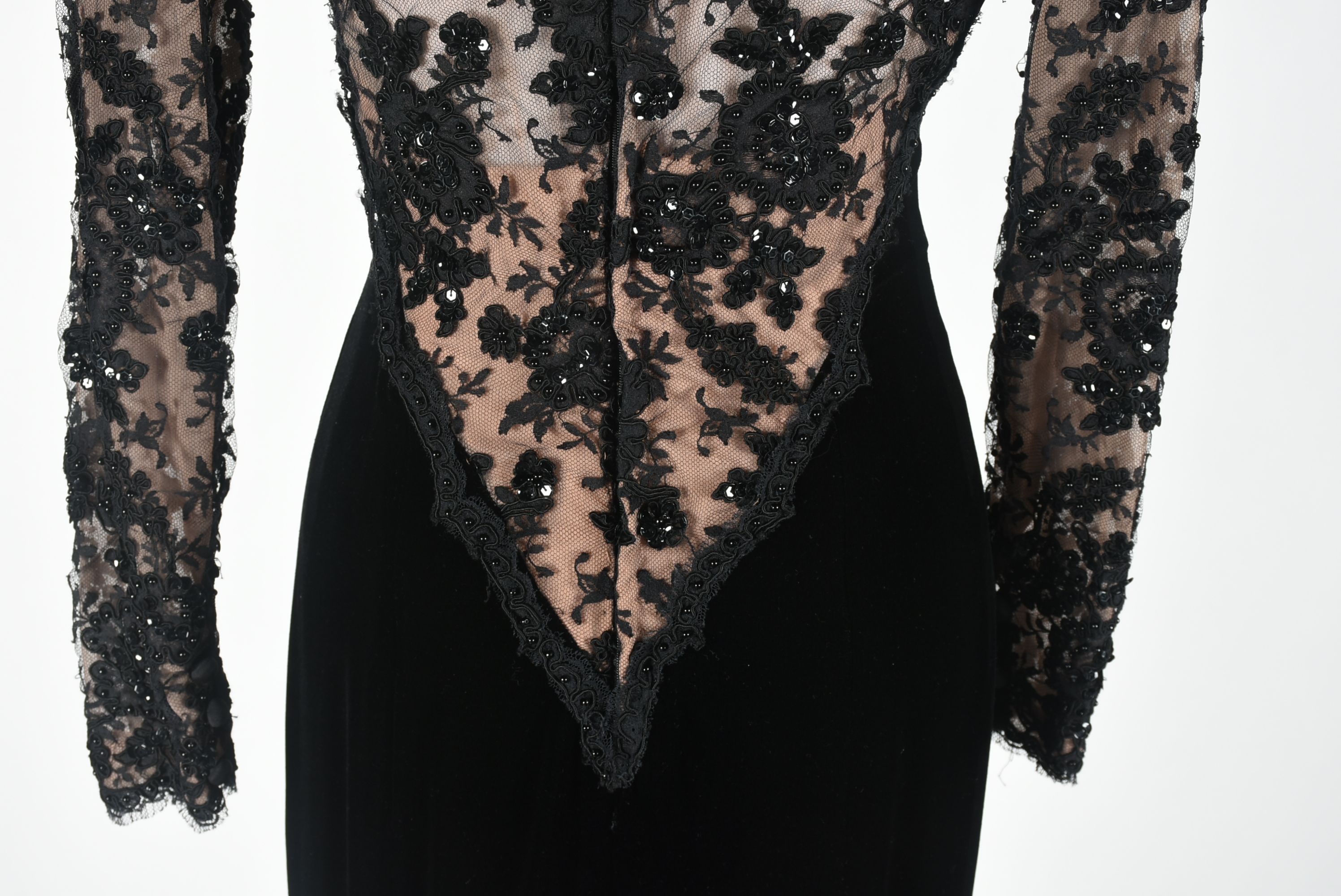 Custom Made Black Velvet and Lace Embellished Formal Gown