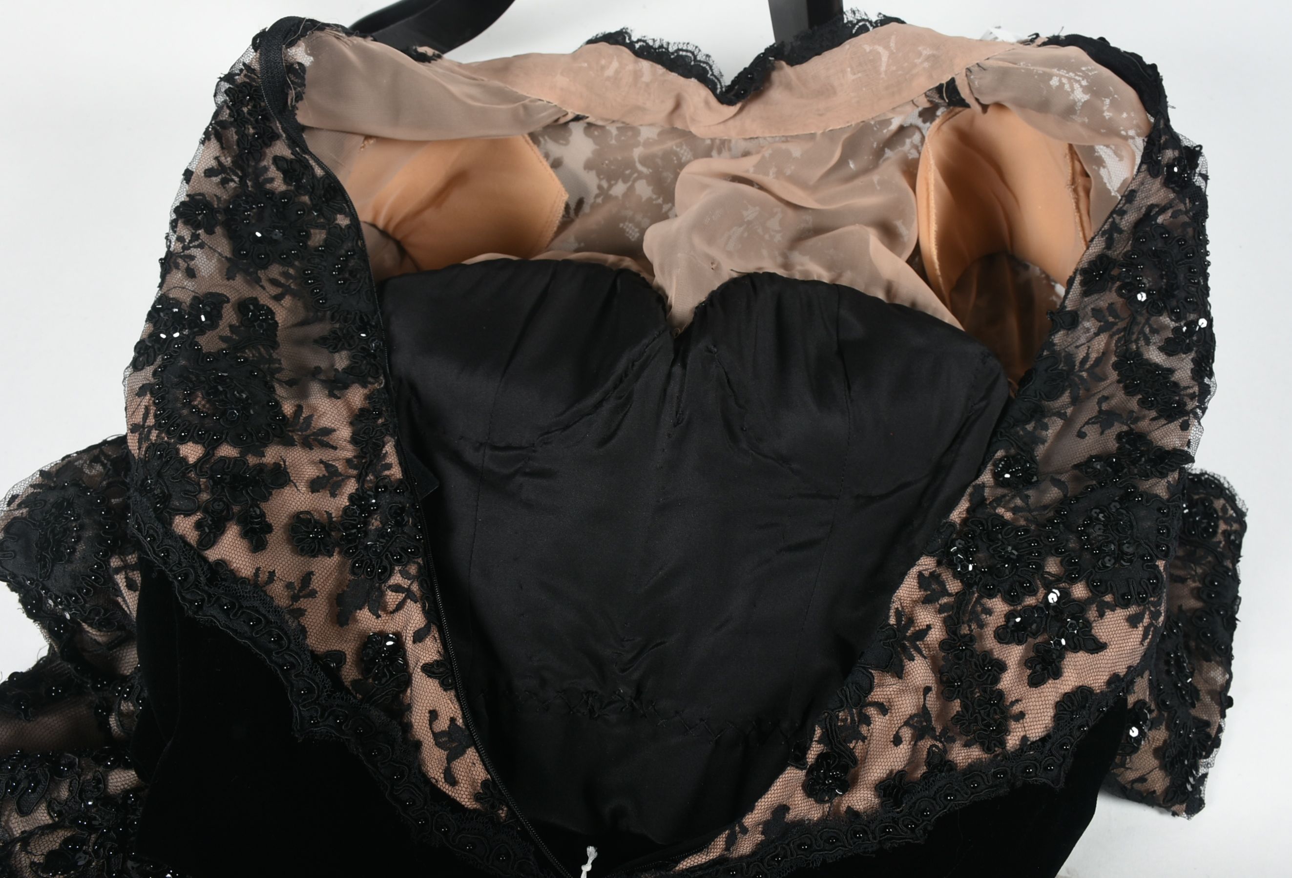 Custom Made Black Velvet and Lace Embellished Formal Gown