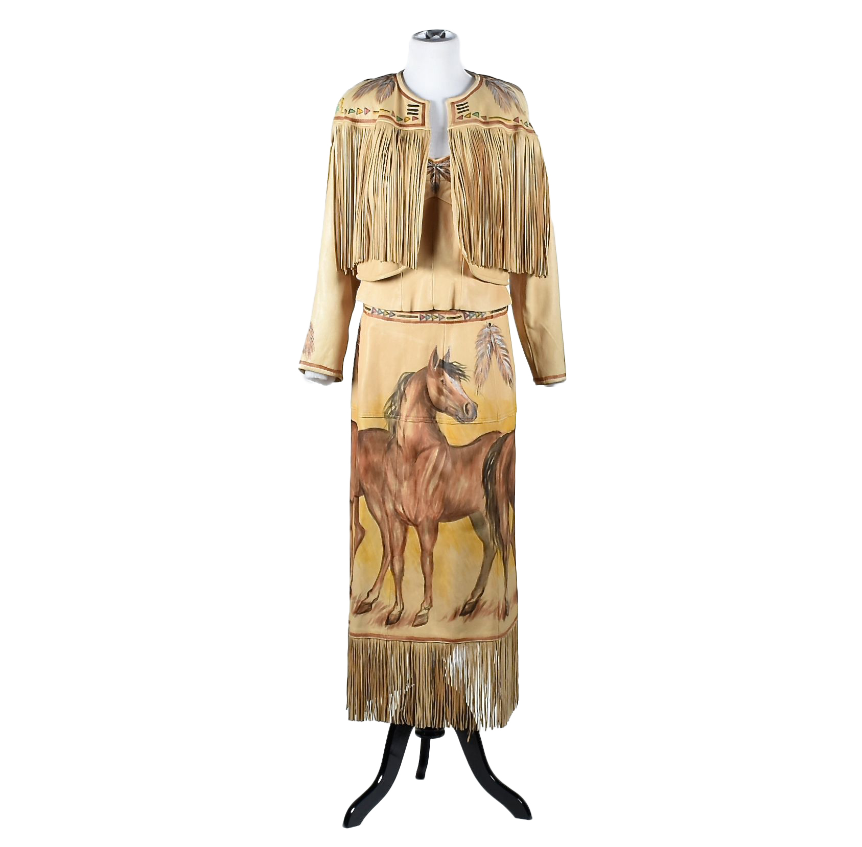 Good Medicine Collection Hand Painted Deer Skin Leather Ensemble in a Southwestern Motif with Fringe