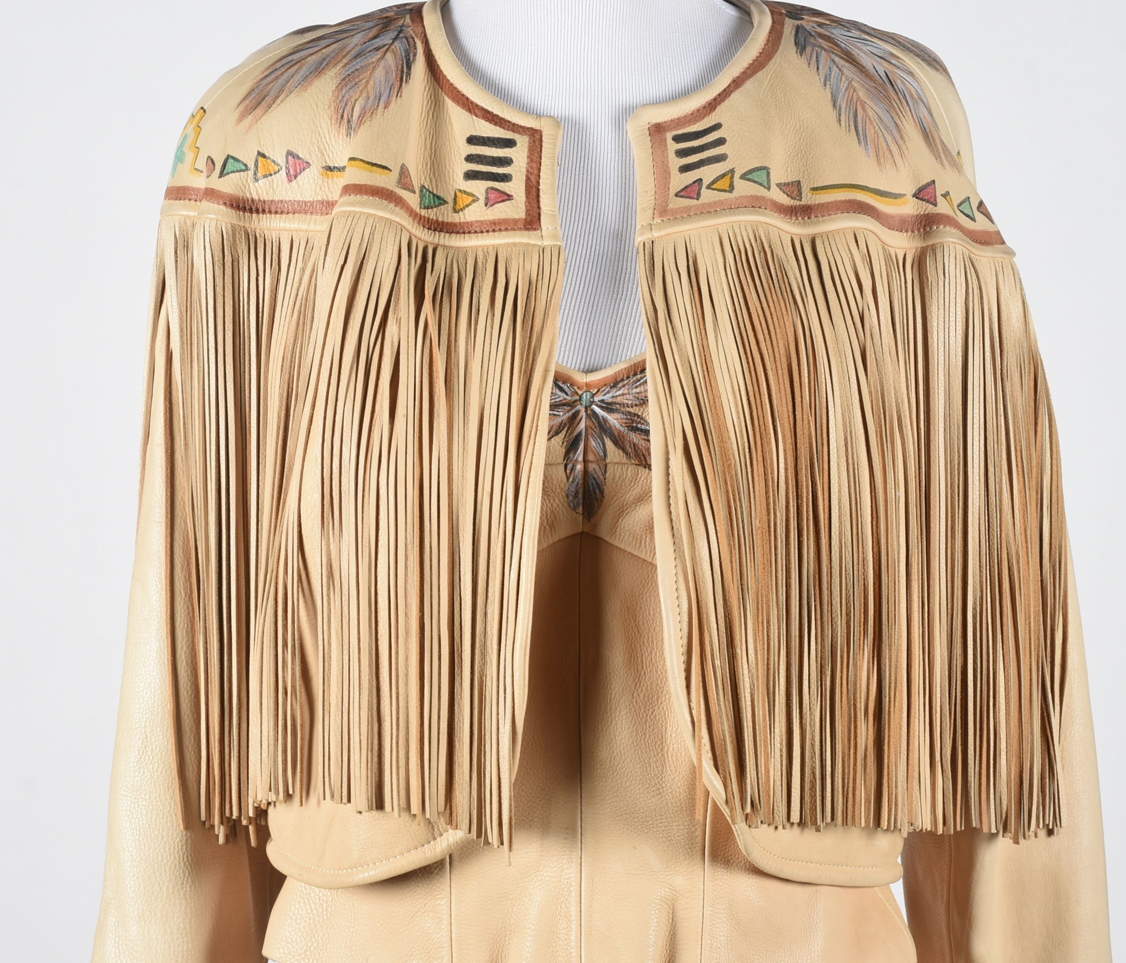 Good Medicine Collection Hand Painted Deer Skin Leather Ensemble in a Southwestern Motif with Fringe