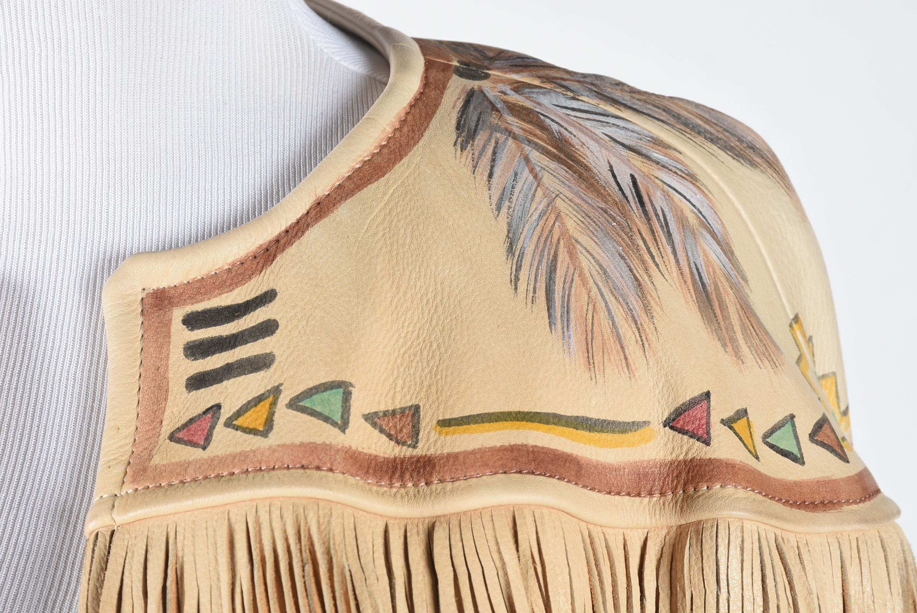 Good Medicine Collection Hand Painted Deer Skin Leather Ensemble in a Southwestern Motif with Fringe