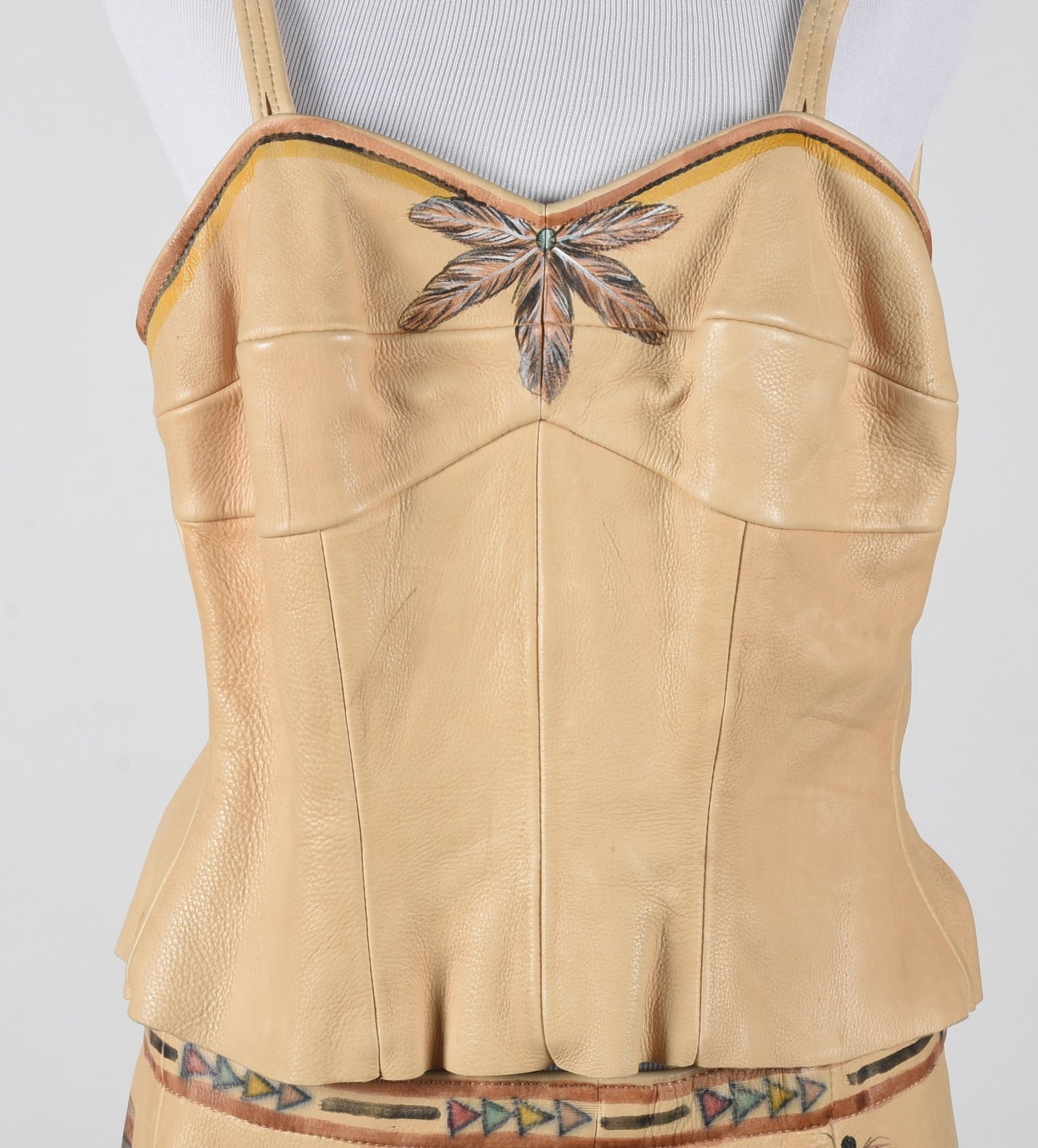 Good Medicine Collection Hand Painted Deer Skin Leather Ensemble in a Southwestern Motif with Fringe