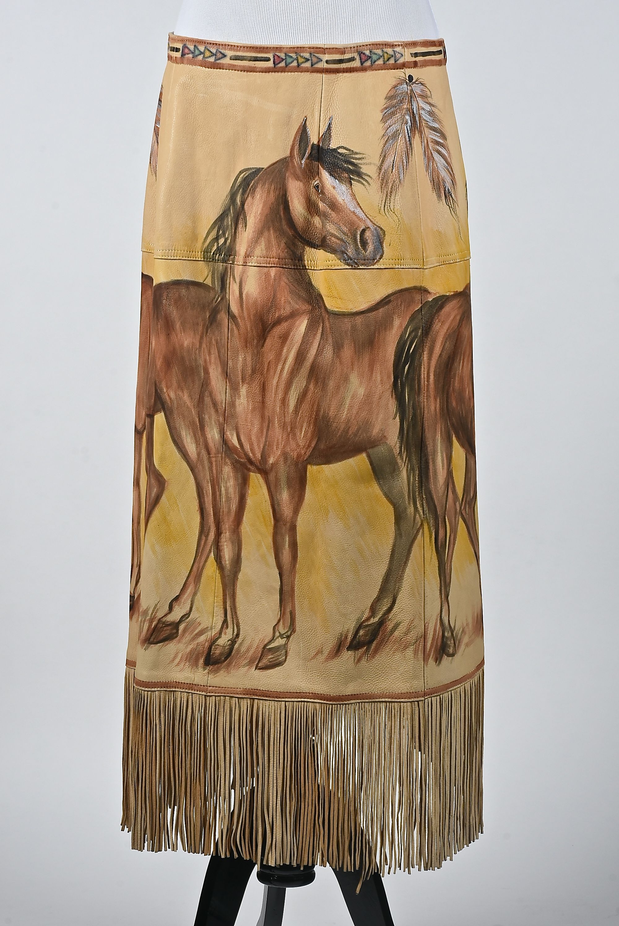 Good Medicine Collection Hand Painted Deer Skin Leather Ensemble in a Southwestern Motif with Fringe